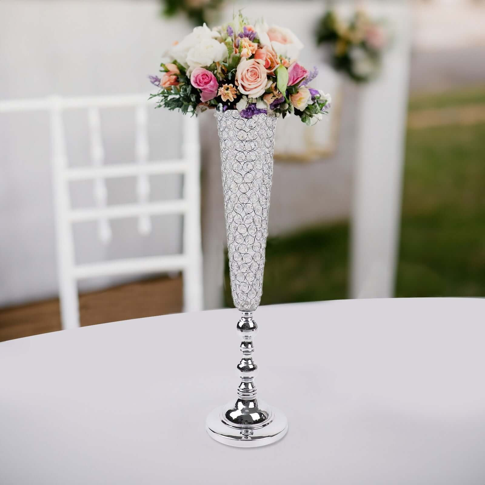 2-Pack Crystal Beaded Trumpet Vase Set Silver - Table Centerpiece for Grand Occasions 40"
