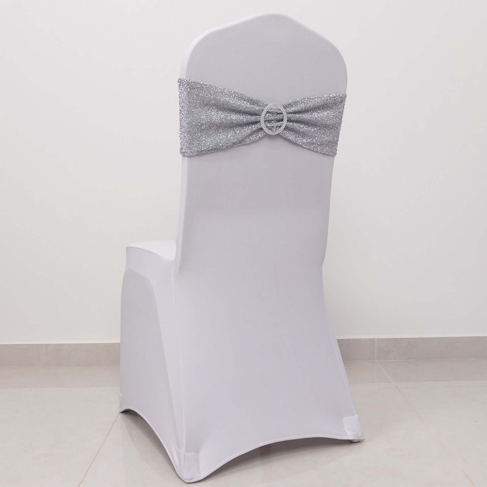 5 Pack Chair Sashes Shimmer Tinsel Spandex 5"x12" with Silver Rhinestone Buckles Silver - Stylish Decor for Weddings