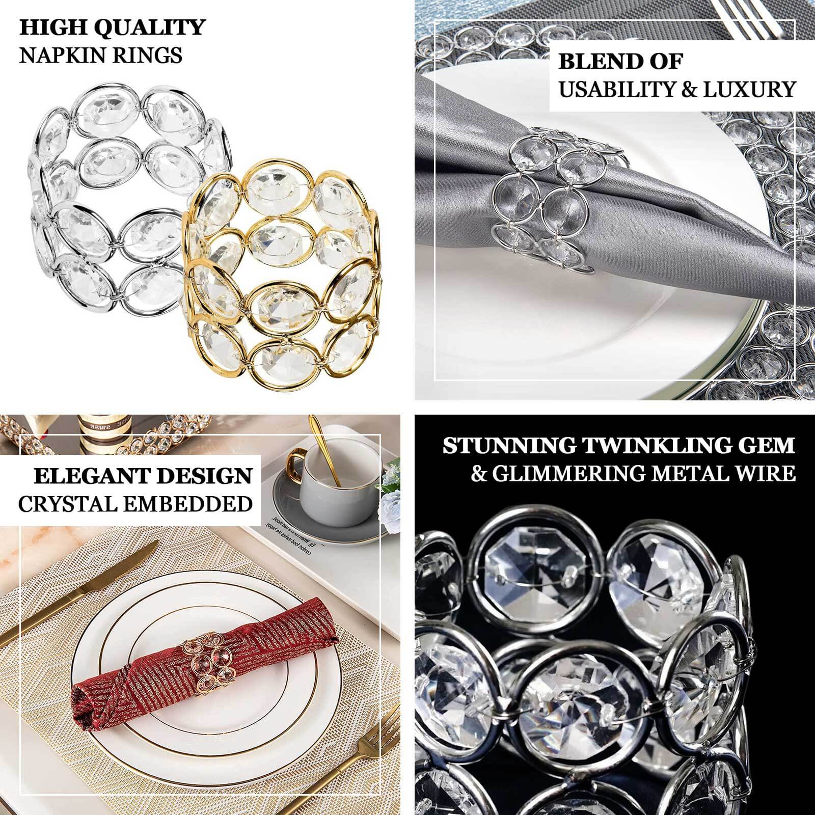 4 Pack Shiny Silver Acrylic Crystal Gem Beaded Napkin Rings