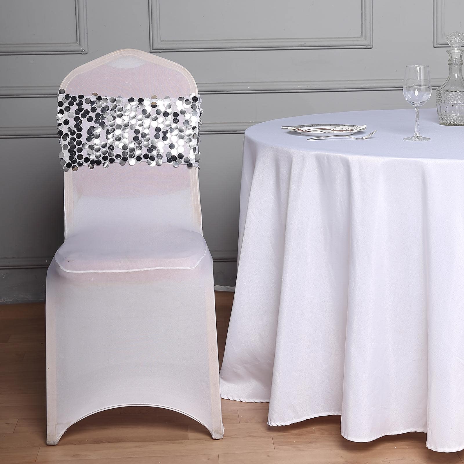 5 Pack Big Payette Sequin 13"x10" Chair Sash Bands Silver - Stylish Glittering Decor for Weddings & Gatherings