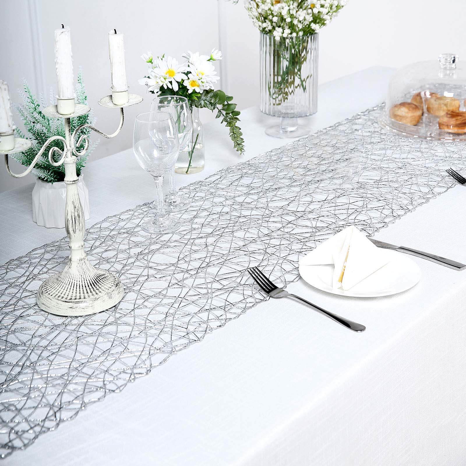 Metallic String Woven 16"x72" Table Runner Silver - Reversible Wire Nest Table Decor