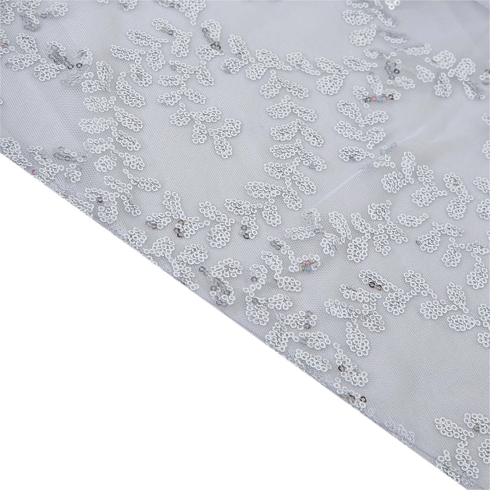 Tulle 90"x156" Rectangle Tablecloth Silver - Sequin Leaf Embroidered Table Cover