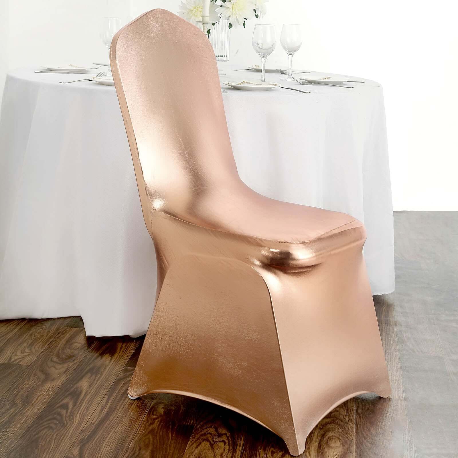 Spandex Banquet Chair Cover Metallic Rose Gold - Glittering Fitted Slipcover