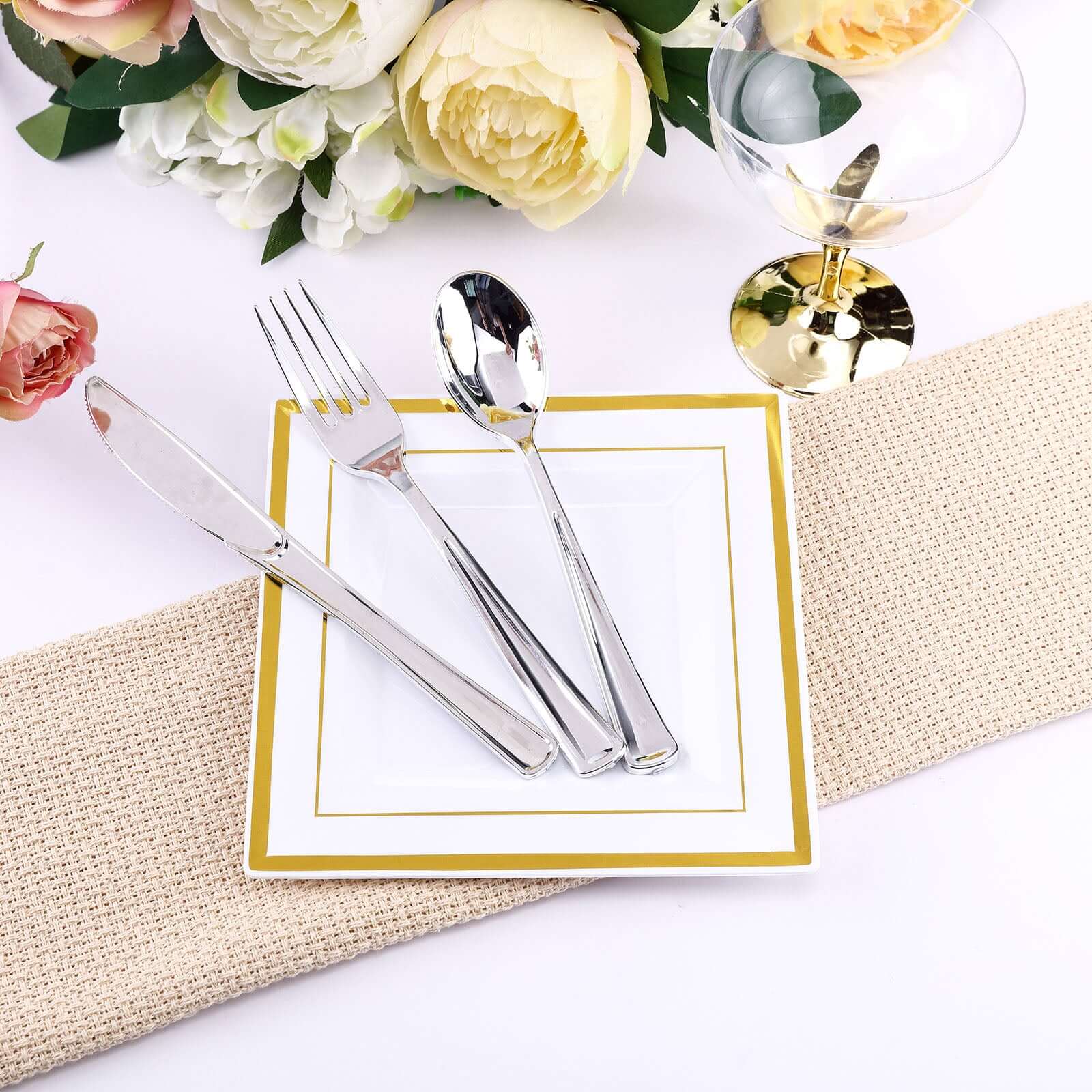 10-Pack Plastic Salad Dessert Plates White Square with Gold Trim - Durable Disposable Appetizer Plates 7"
