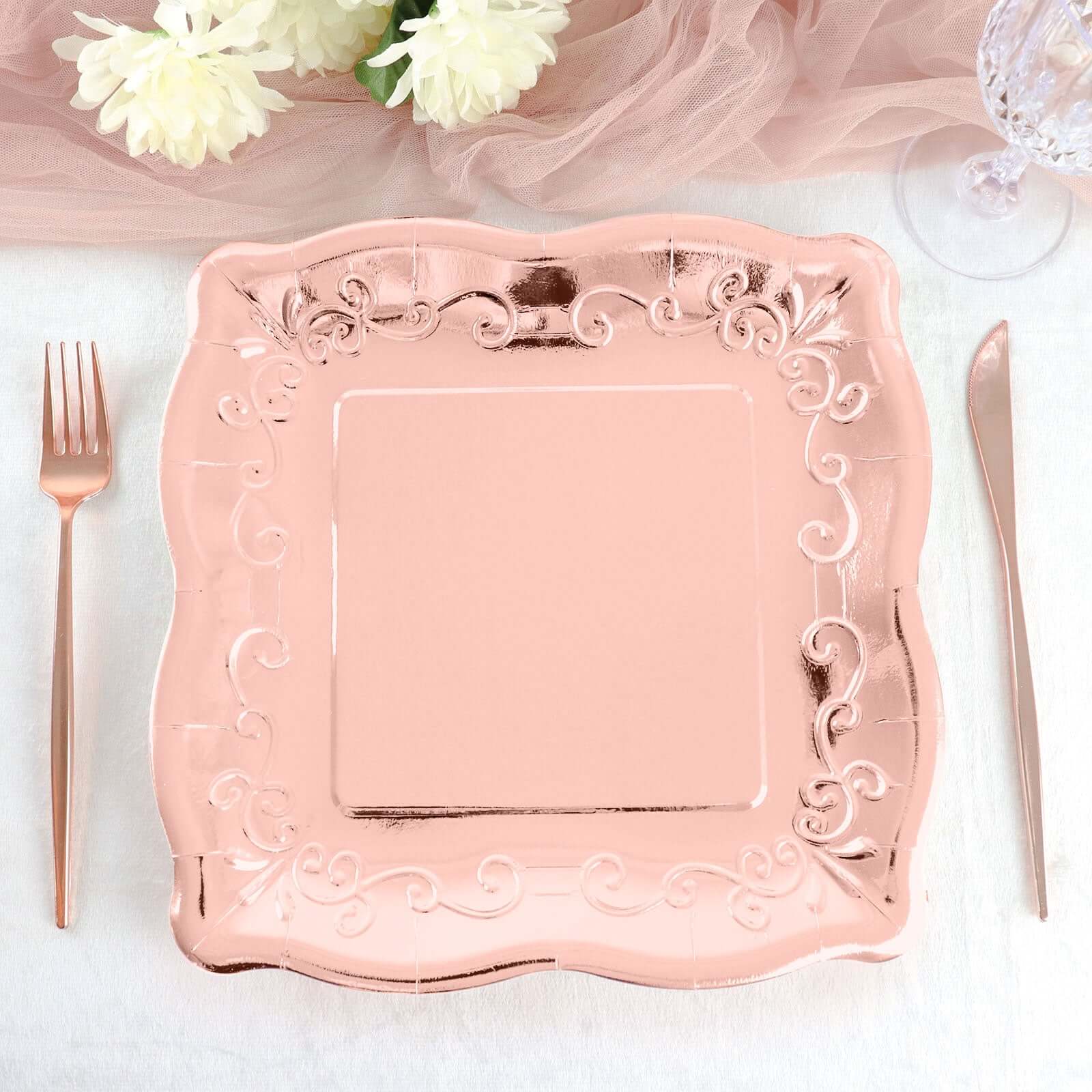 25-Pack Paper 11" Square Dinner Plates in Blush Rose Gold with Vintage Pottery Embossed Design - Shiny Metallic Disposable Serving Plates