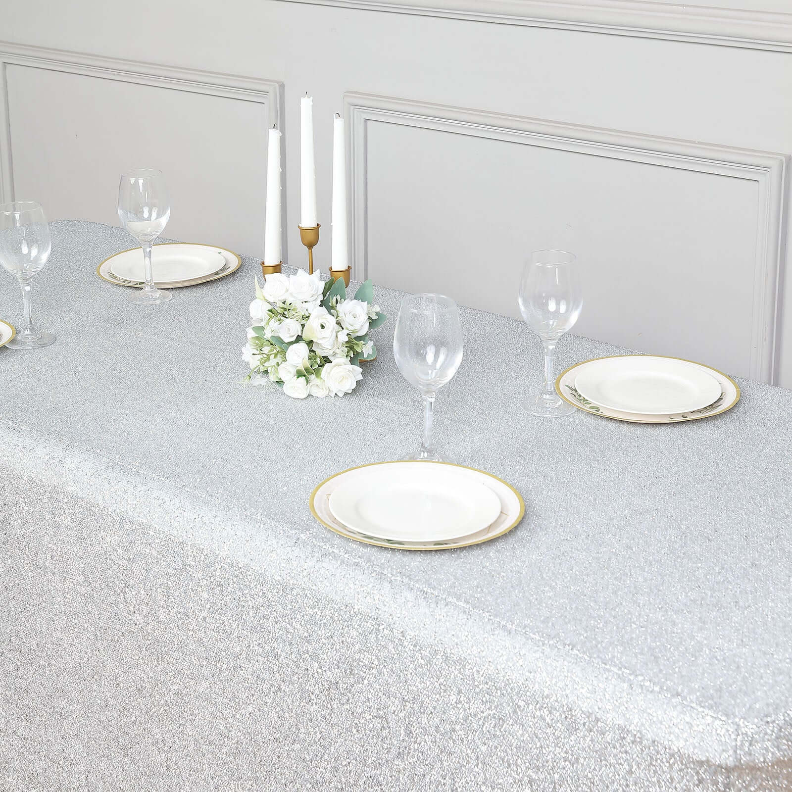 Shimmer Tinsel Spandex 72"x30" Rectangle Tablecloth Metallic Silver Glittered Shiny Stretch Table Cover