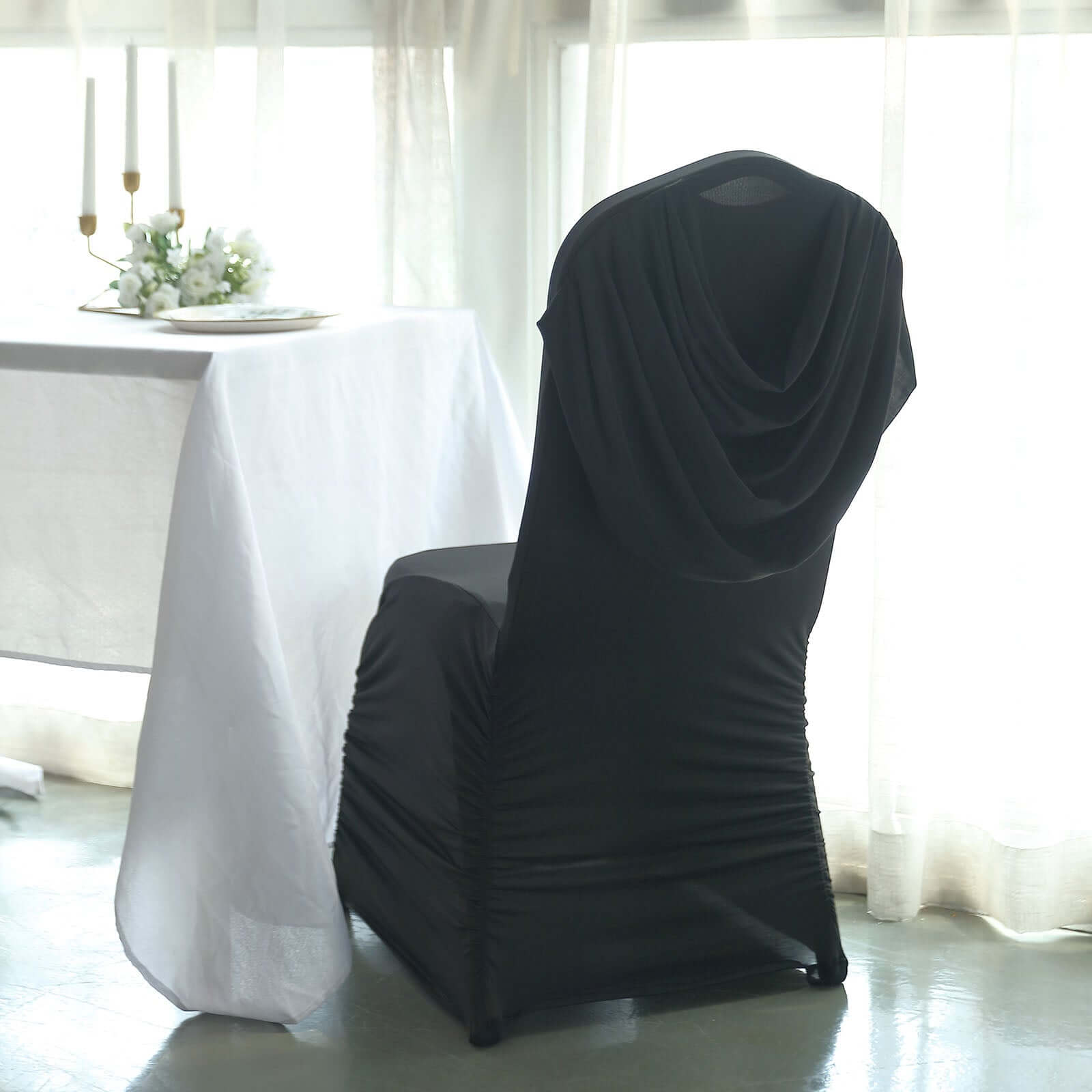 Spandex Chair Cover with Ruched Swag Back and Foot Pockets for Banquet Chairs Black - Fitted Slipcover