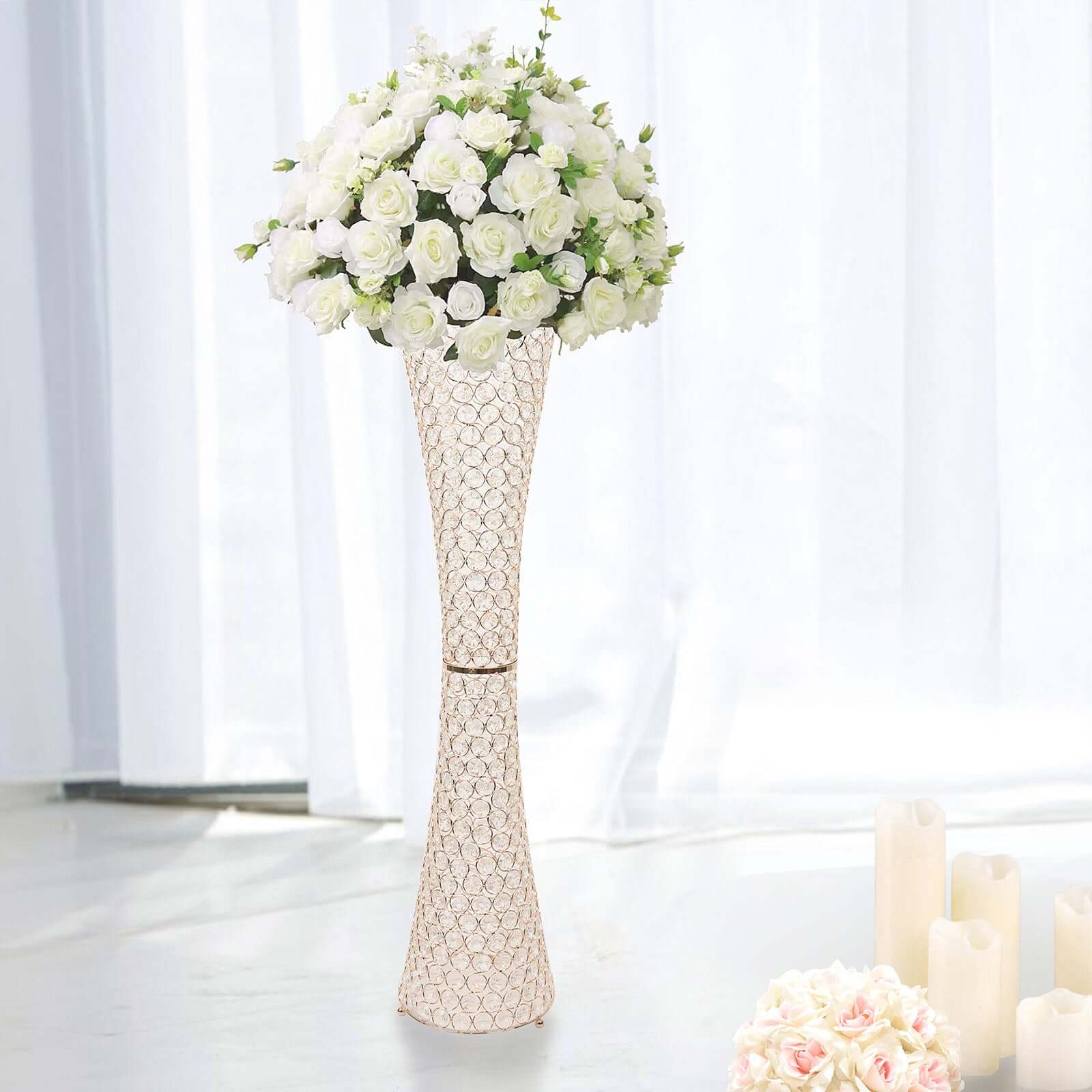Metal Hurricane Floral Vase Centerpiece Metallic Gold with Crystal Beaded Design - Decorative Table Piece 36"
