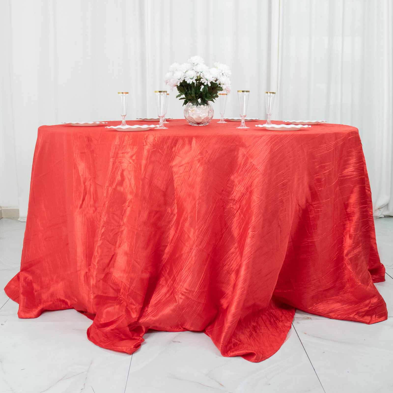 Taffeta 132" Round Tablecloth Red - Seamless Accordion Crinkle Table Cover