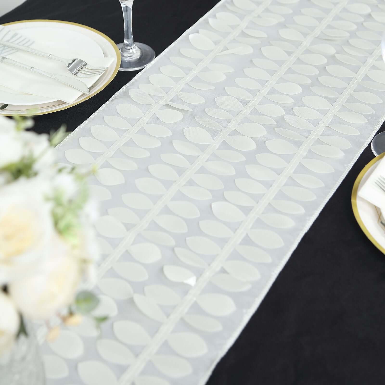 Taffeta Fabric 12"x108" Table Runner Ivory - 3D Leaf Petal Design