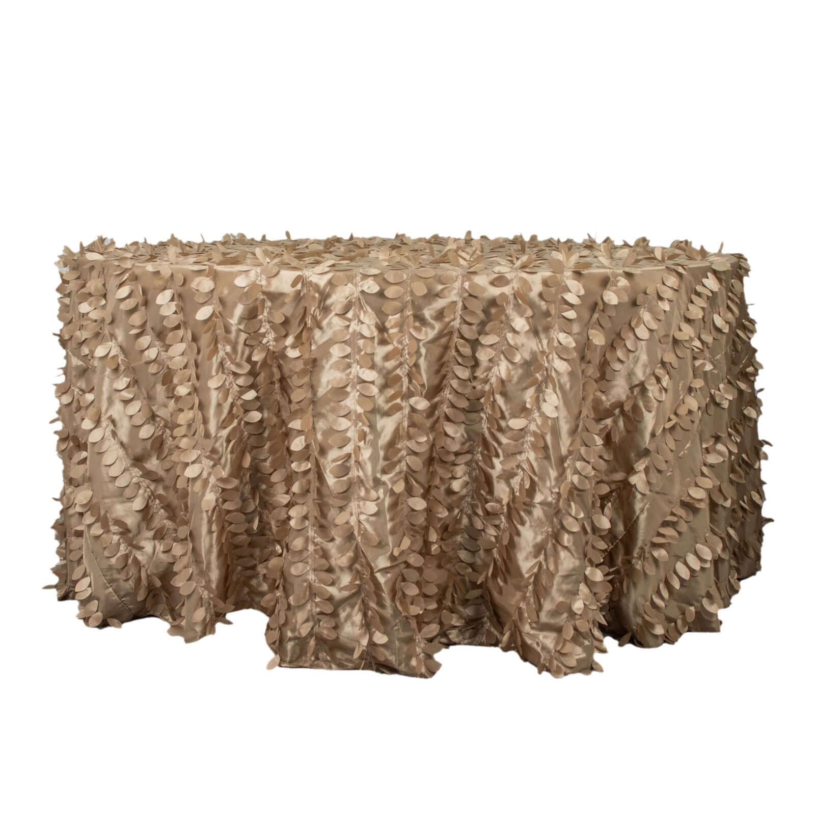 Taffeta 120" Round Tablecloth Taupe Leaf | 3D Leaf Petal Design Seamless Table Cover