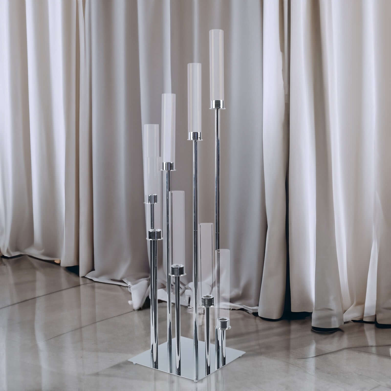 8 Arm Cluster Taper Candle Holder Silver - Stunning Large Candle Arragement With Clear Glass Shades for Grand Banquets & Celebrations 42"