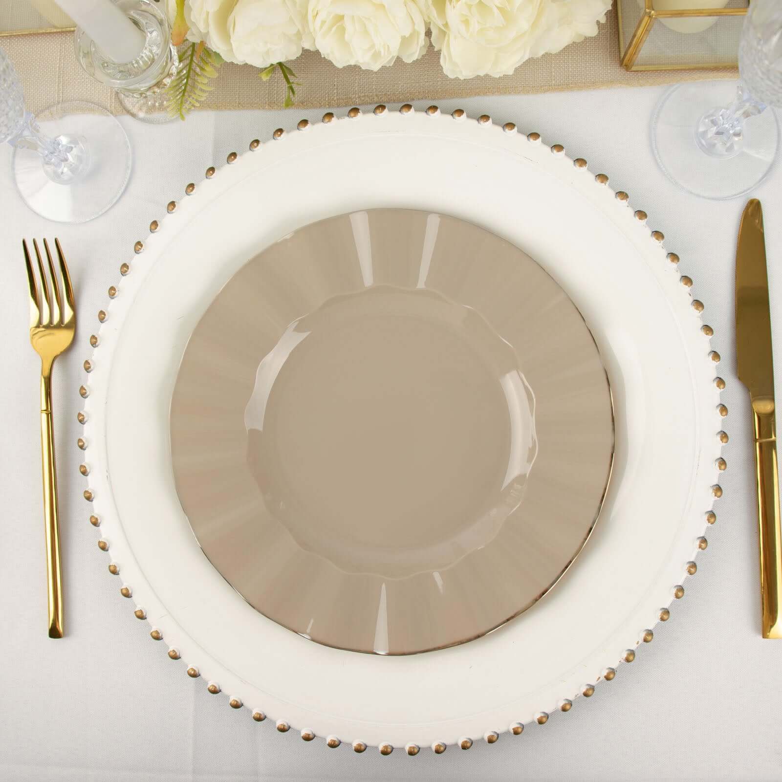 10-Pack Plastic 9" Round Dinner Plates in Taupe Ruffled Rim with Gold Edging - Sturdy Disposable Dinnerware