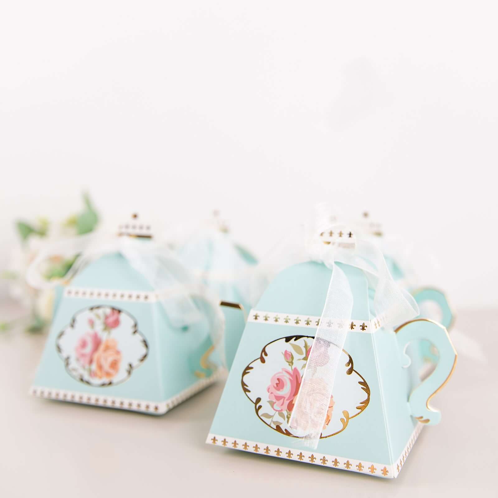 25 Pack 4" Light Turquoise Mini Teapot Favor Boxes, Vintage Rose Gift Boxes with Ribbons