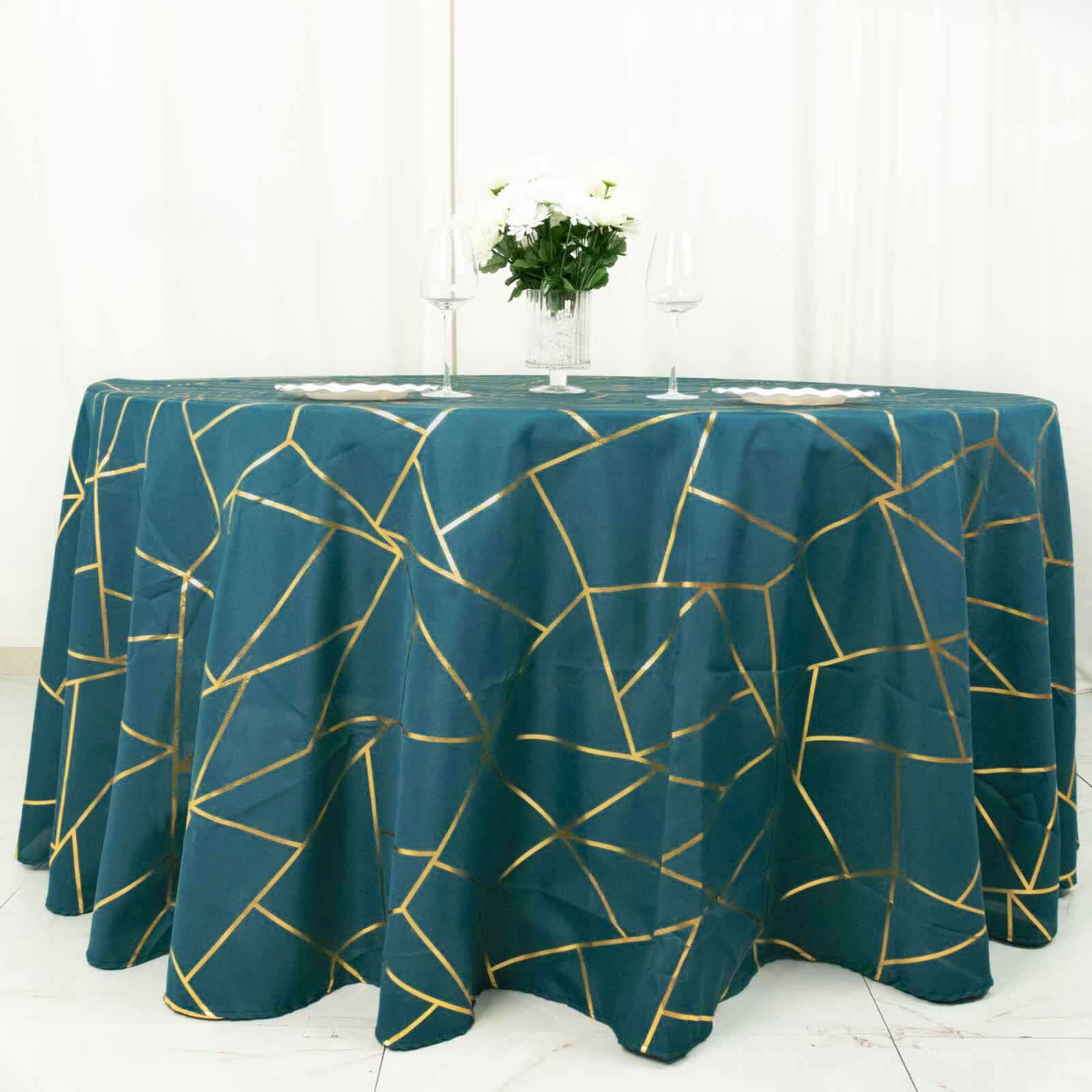 120" Peacock Teal Seamless Round Polyester Tablecloth With Gold Foil Geometric Pattern for 5 Foot Table With Floor-Length Drop