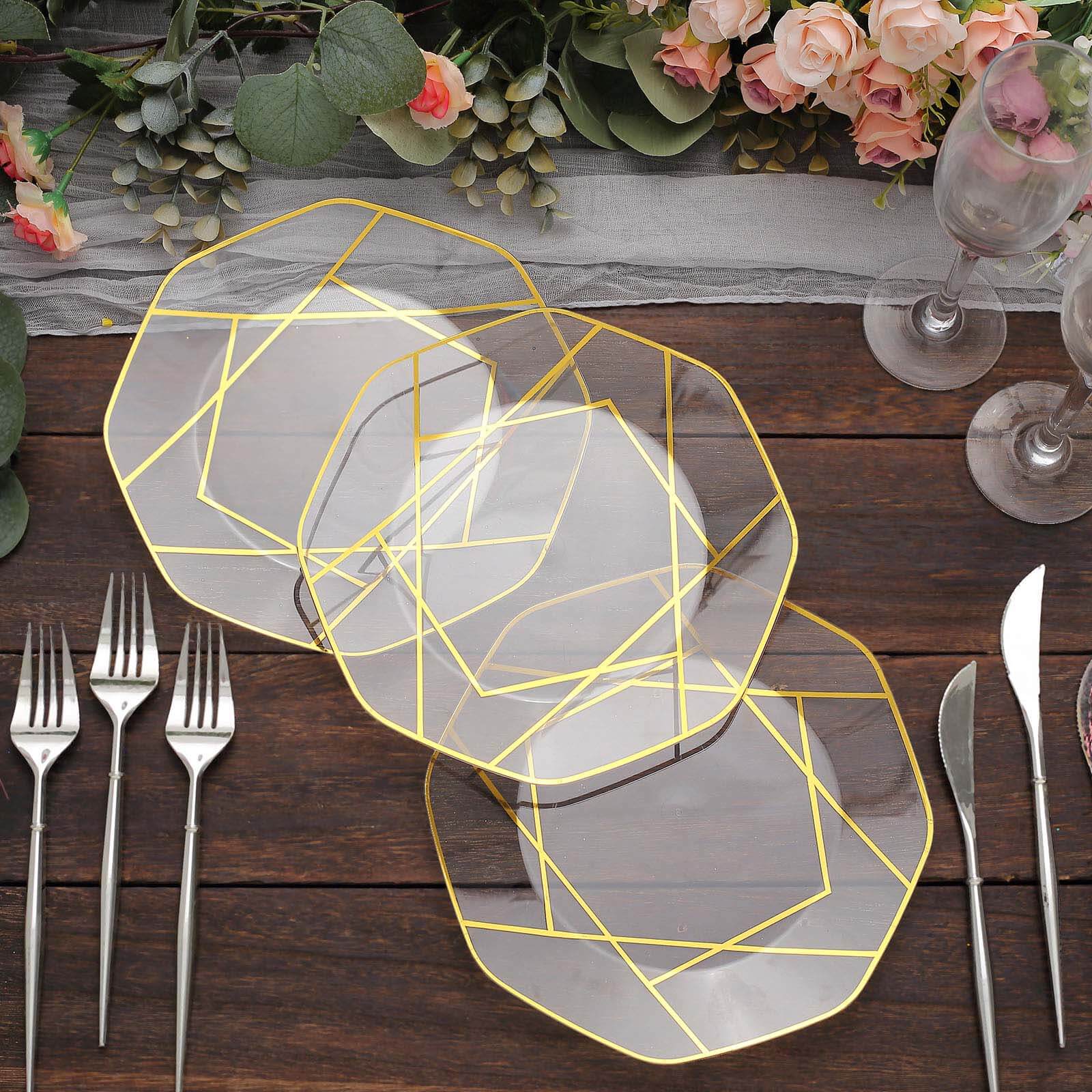 10-Pack Plastic 8" Octagon Dessert Plates in Clear - Modern Disposable Salad/Appetizer Plates with Gold Geometric Design for Special Occasions & Celebrations