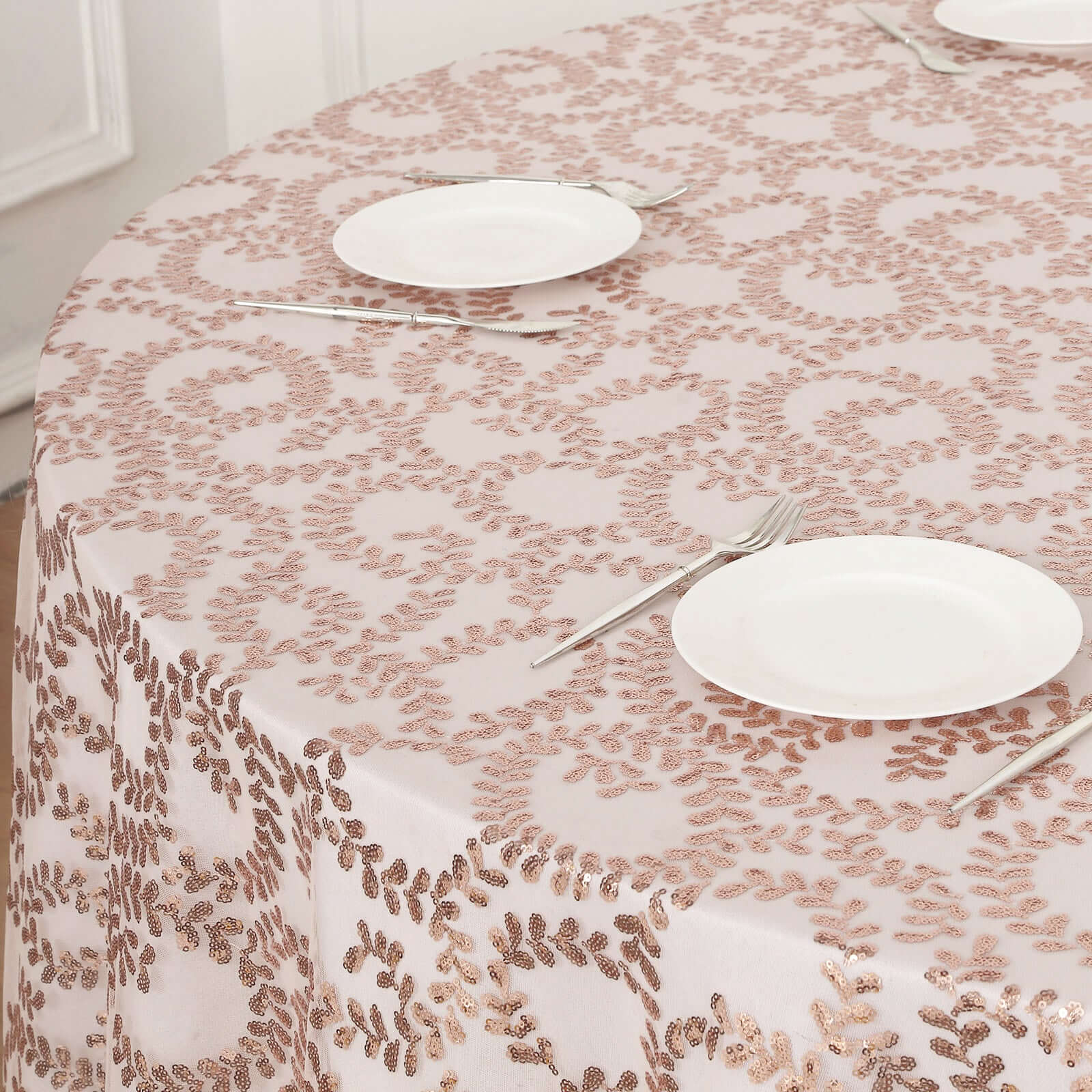 Tulle 120" Round Tablecloth Rose Gold - Seamless Sequin Leaf Embroidered Table Cover