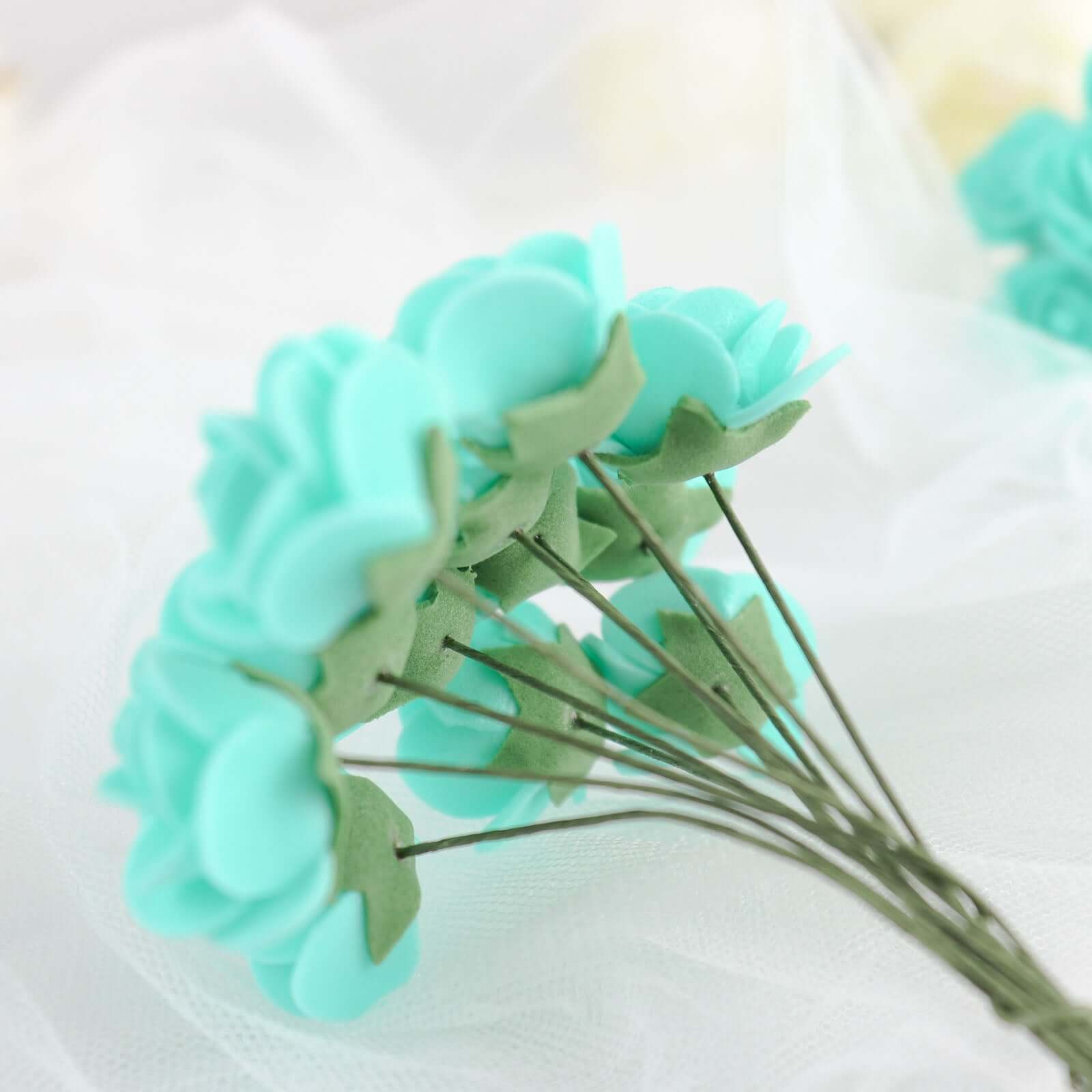 48 Roses 1" Turquoise Real Touch Artificial DIY Foam Rose Flowers With Stem, Craft Rose Buds