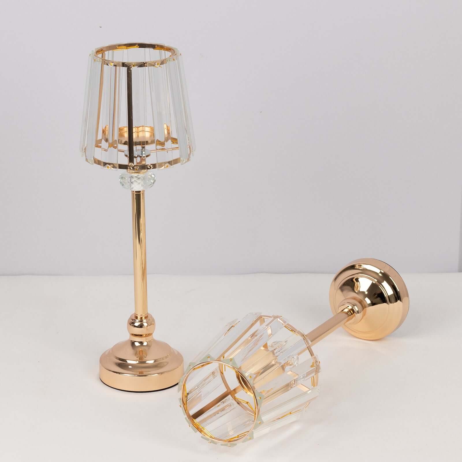 2-Pack 15" Crystal Pendant Candle Holders - Classic Empire Lamp Shade Style in Gold, Votive Candle Stand For Table Centerpieces