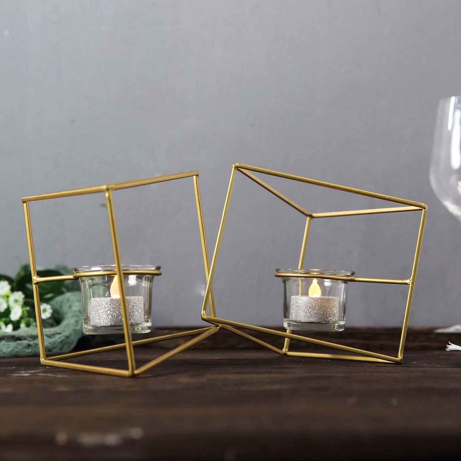 Set of Metal Candle Holders Linked Geometric Design Gold - Chic Votive Glass Decor for Events & Gatherings 9"