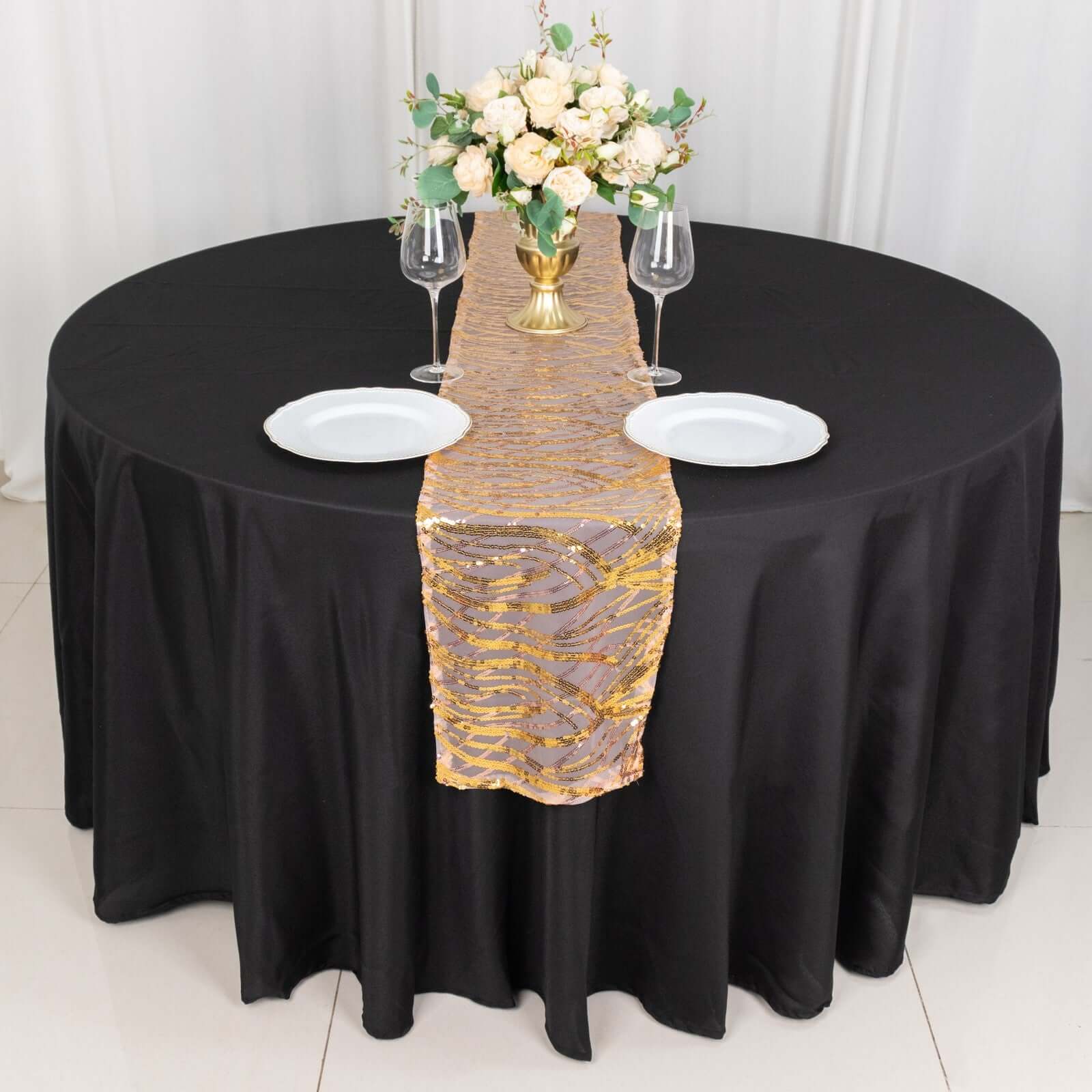 Sequin Mesh 12"x108" Table Runner Rose Gold Stylish Wave Embroidery
