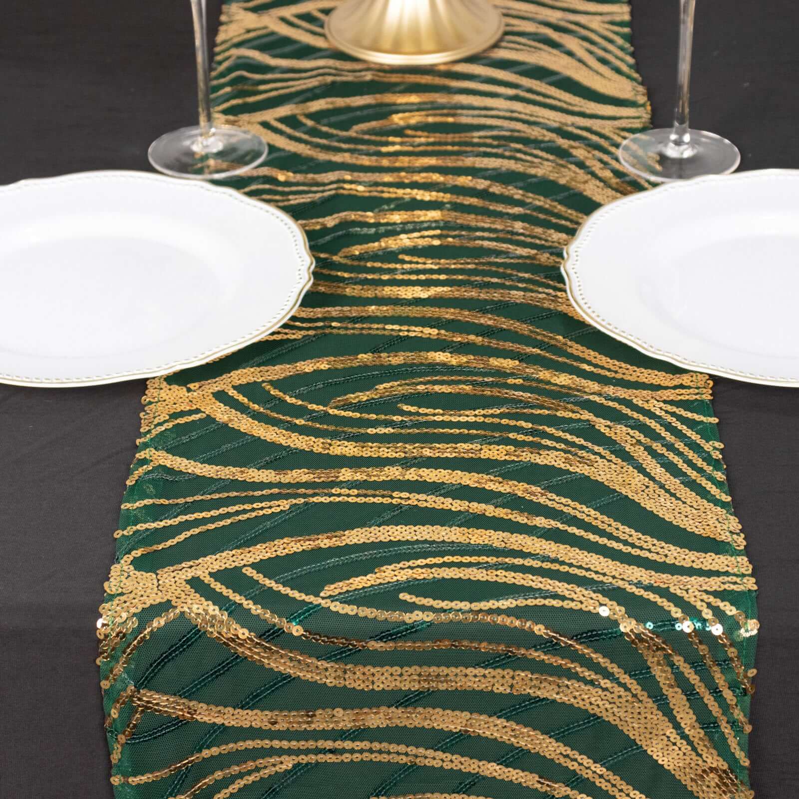 Sequin Mesh 12"x108" Table Runner Hunter Emerald Green Stylish Wave Embroidery