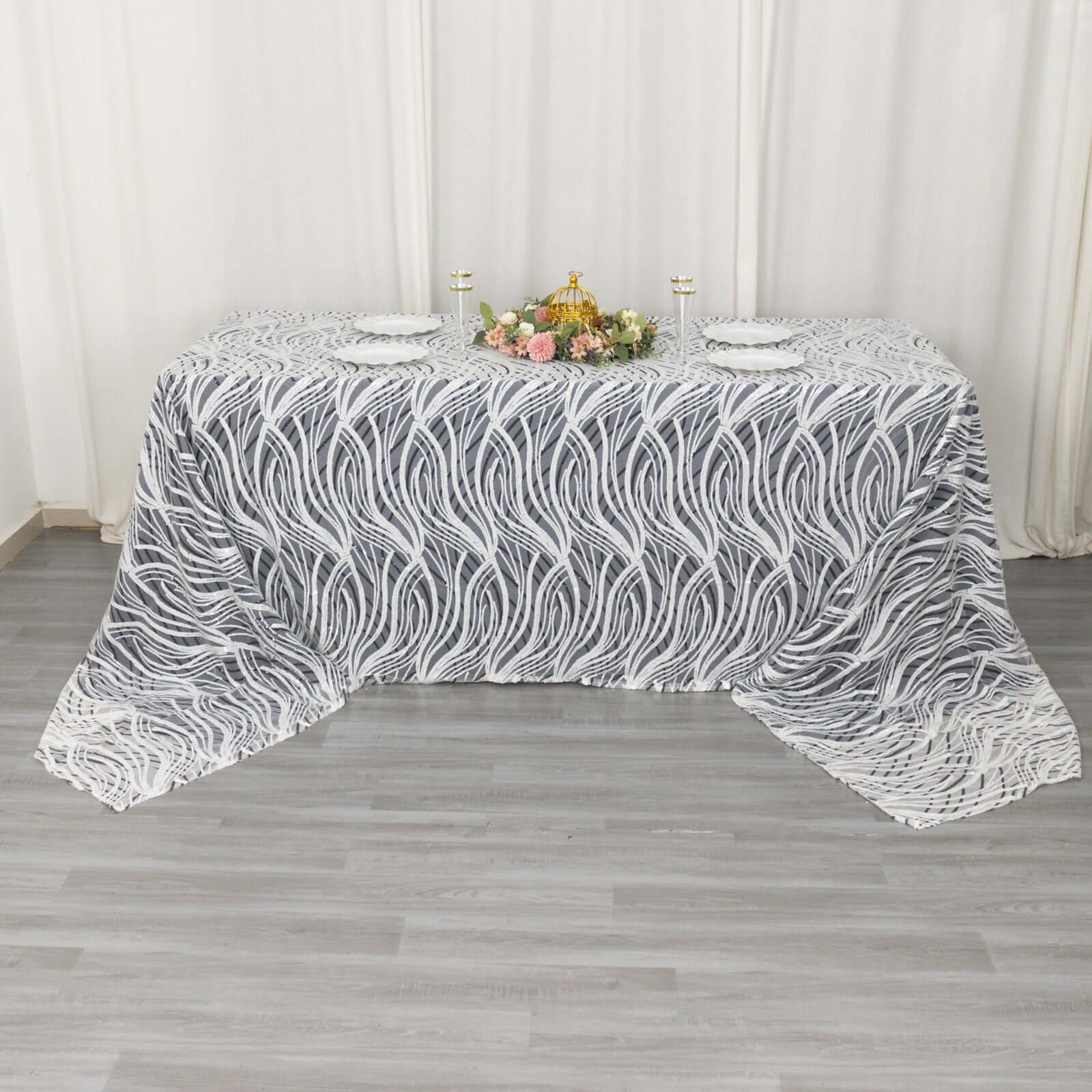 Mesh 90"x156" Rectangle Tablecloth White Black - Wave Sequin Embroidered Table Cover