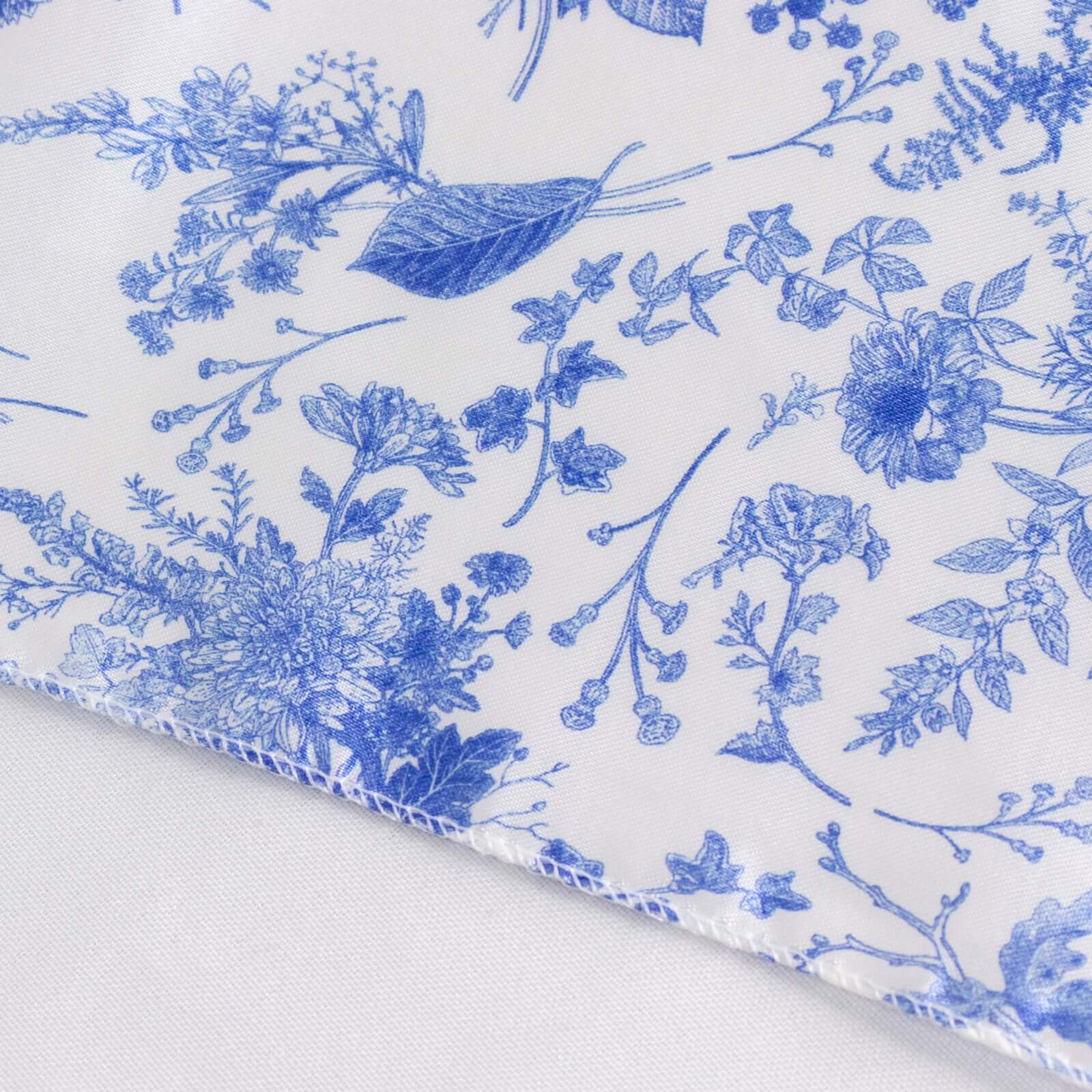 Satin Round 90"x156" Tablecloth White/Blue French Toile Design - Seamless Stylish & Wrinkle-Resistant Table Cover
