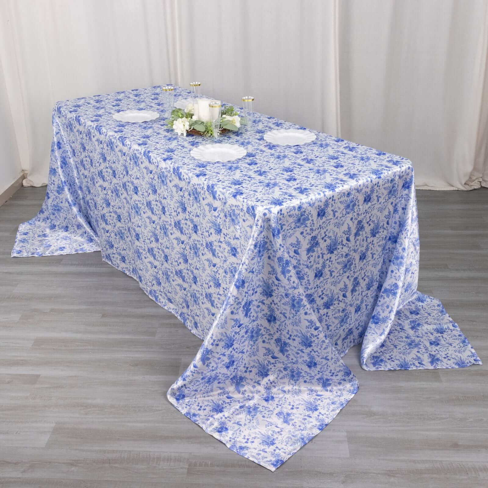 Satin Round 90"x132" Tablecloth White/Blue French Toile Design - Seamless Stylish & Wrinkle-Resistant Table Cover