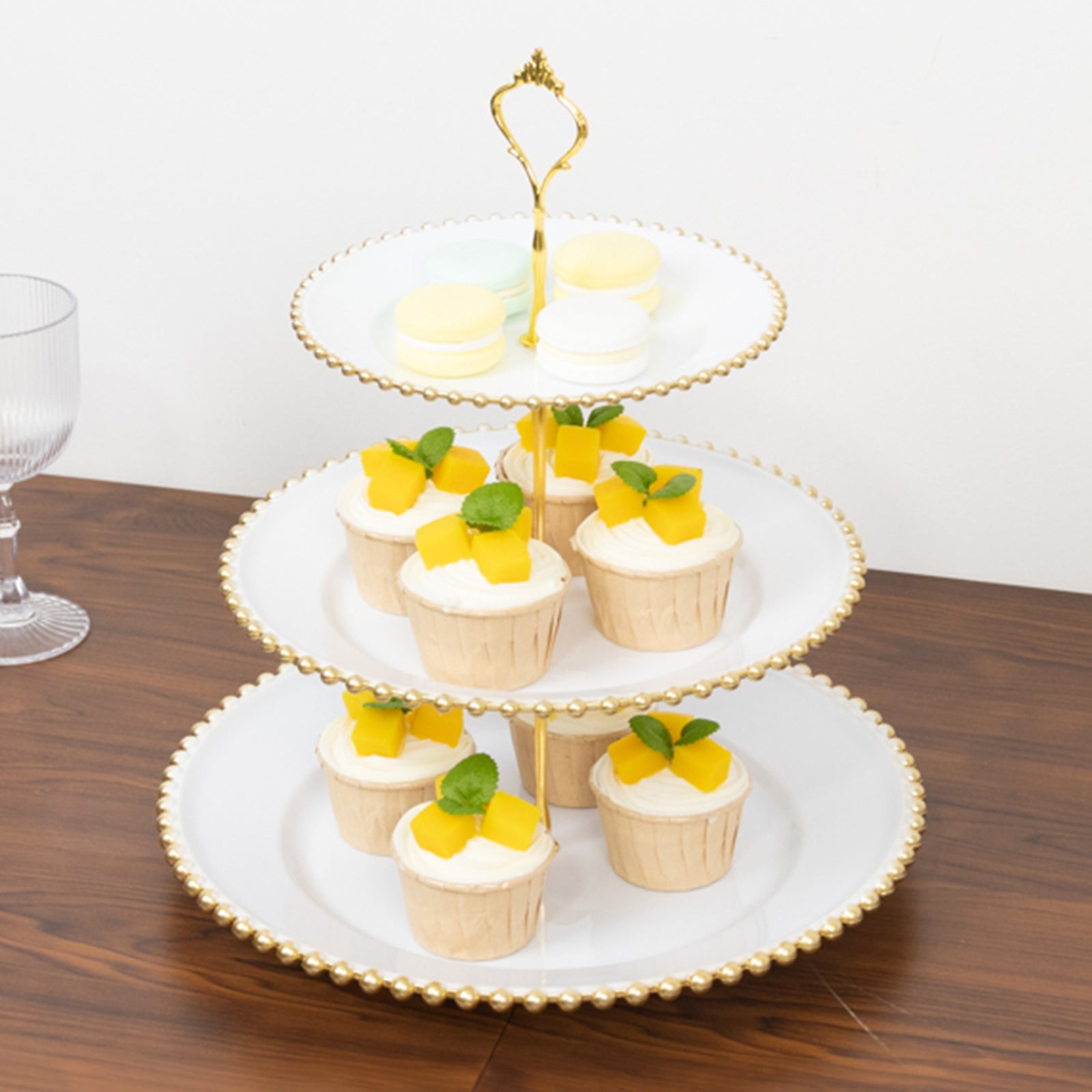 14" White 3-Tier Plastic Dessert Display Stand With Gold Beaded Rim, Round Cupcake Tower Tea Party Serving Platter With Top Handle