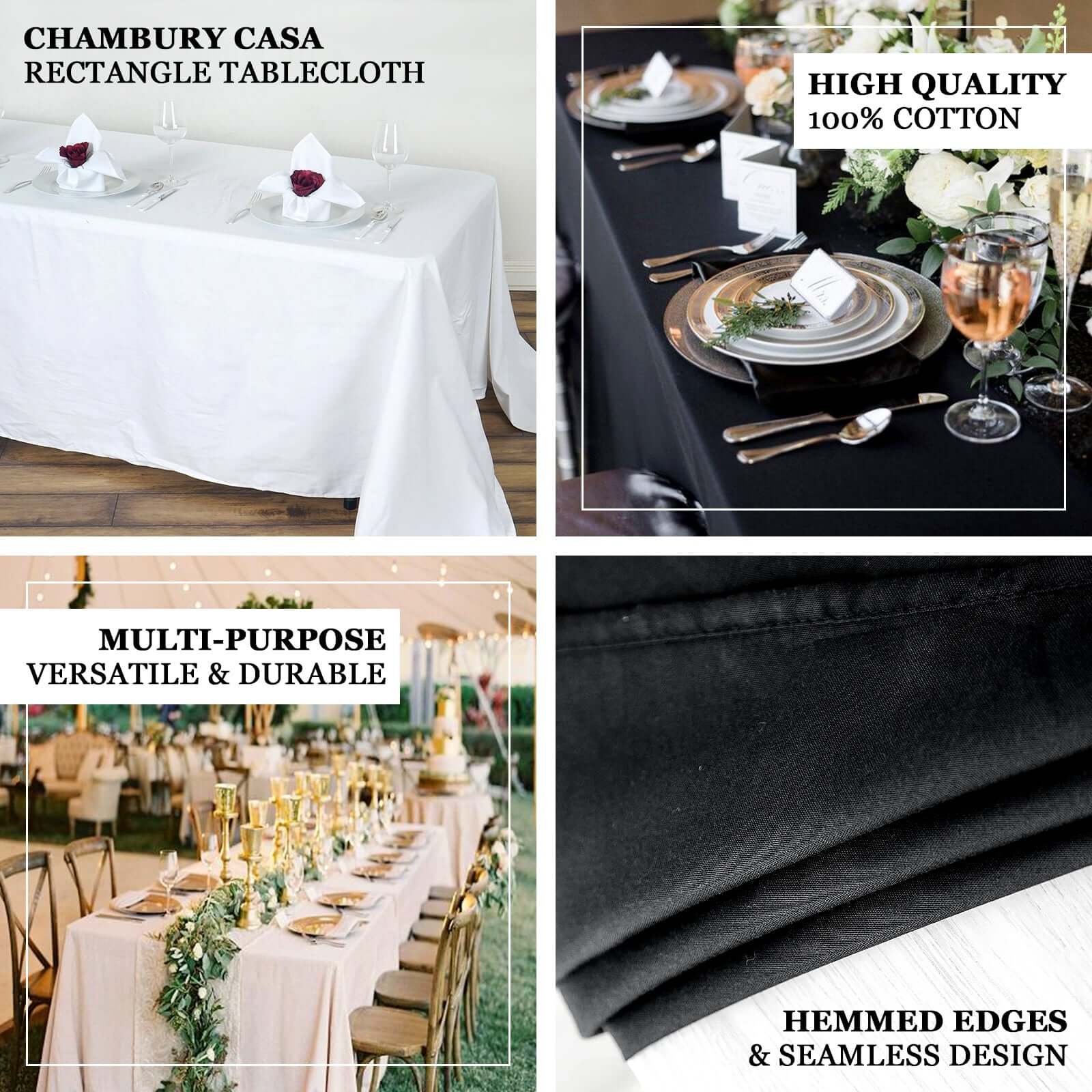 100% Cotton 90"x156" Rectangle Tablecloth White Linen - Seamless, Soft & Breathable Table Cover