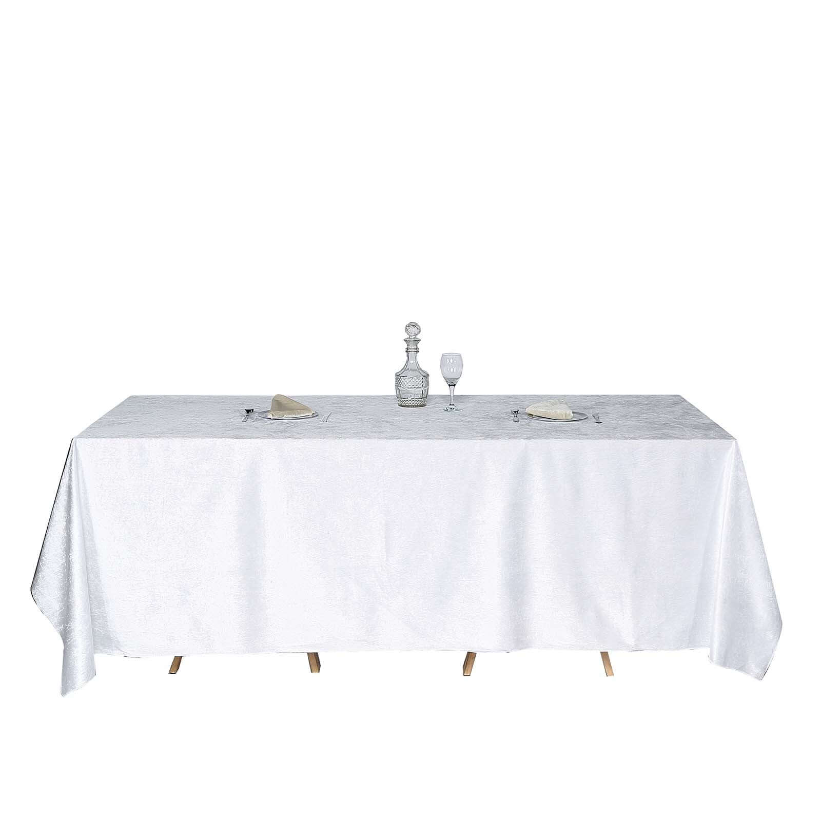 90"x132" White Seamless Premium Velvet Rectangle Tablecloth, Reusable Linen for 6 Foot Table With Floor-Length Drop