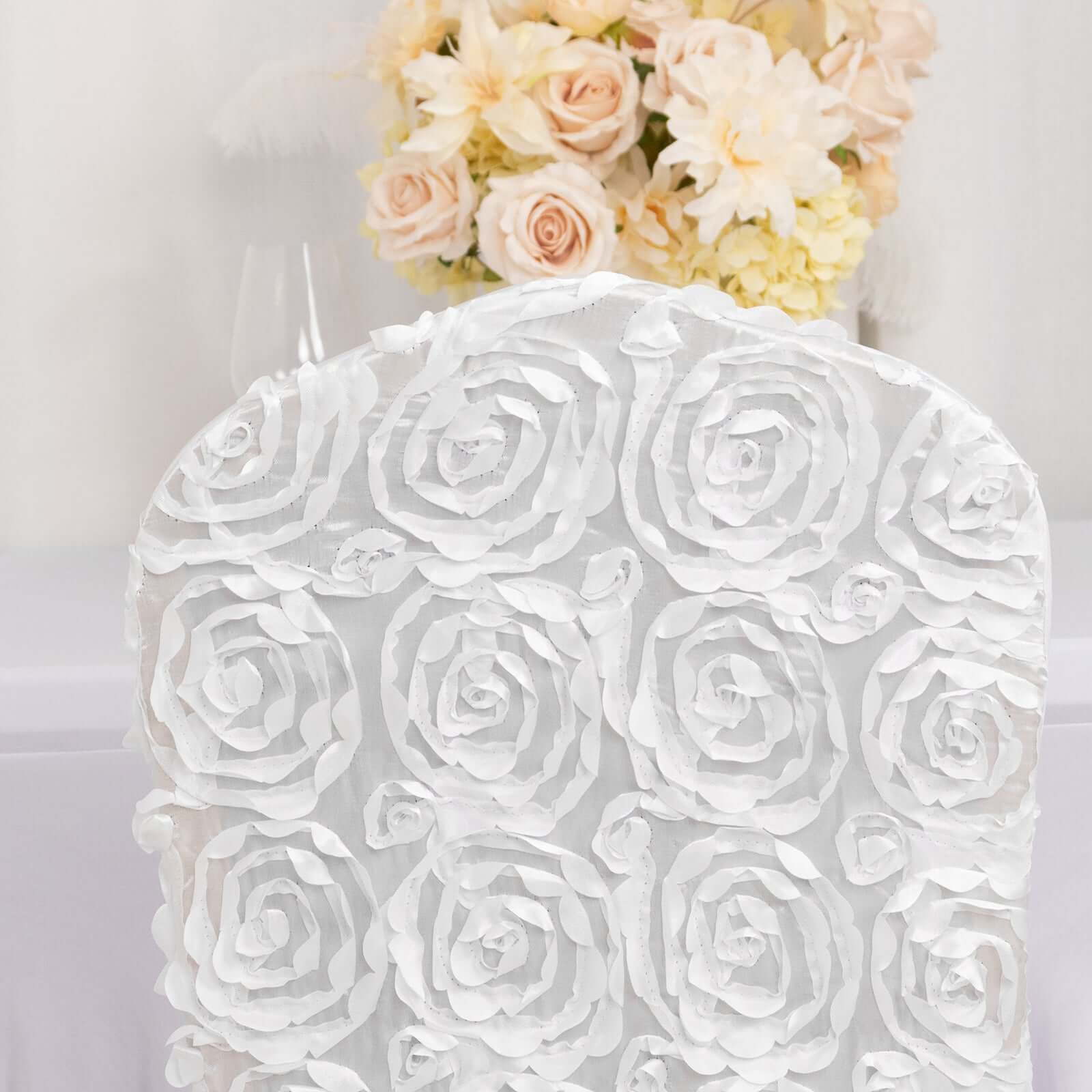 Satin Rosette Chair Cover for Banquet Chairs White - Stylish Stretch Fitted Slip-On Design for Sophisticated Gatherings