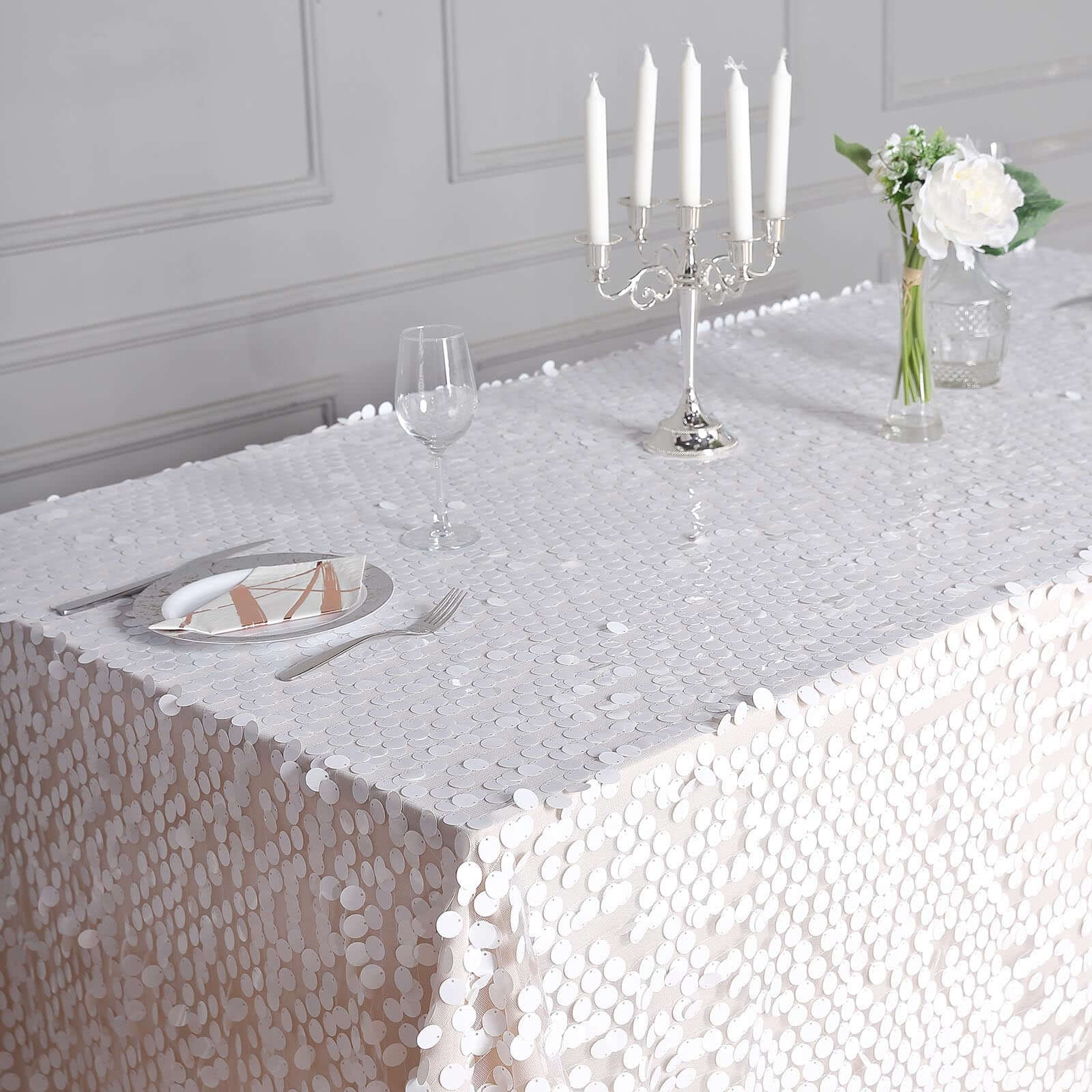 Sequin 90"x156" Rectangle Tablecloth White - Seamless Big Payette Table Cover