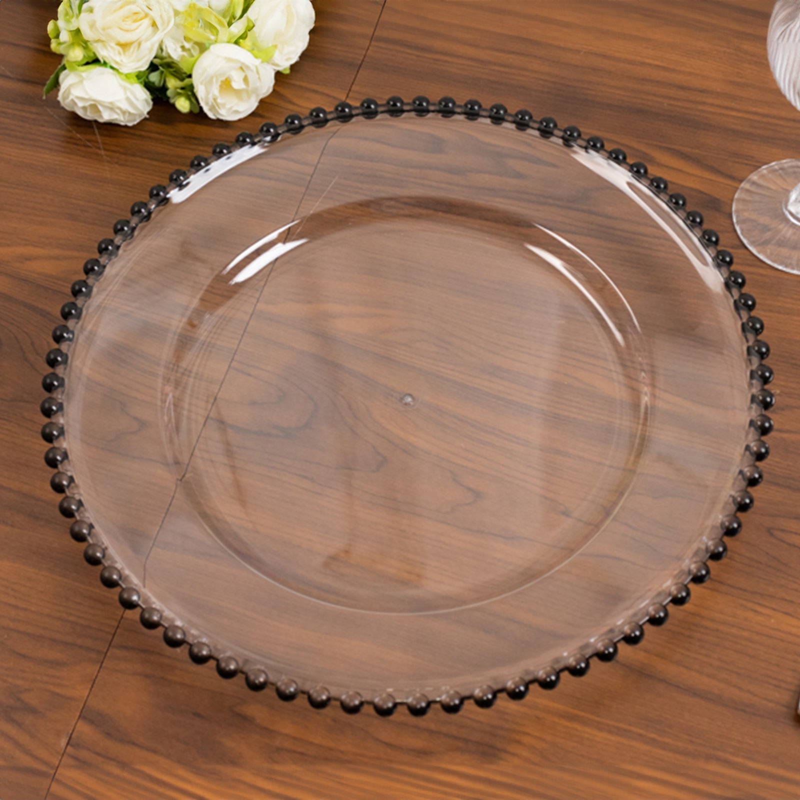 6-Pack Acrylic Round Charger Plates 13" in Clear with Black Beaded Rim, Decorative Dinner Party Charger Tableware