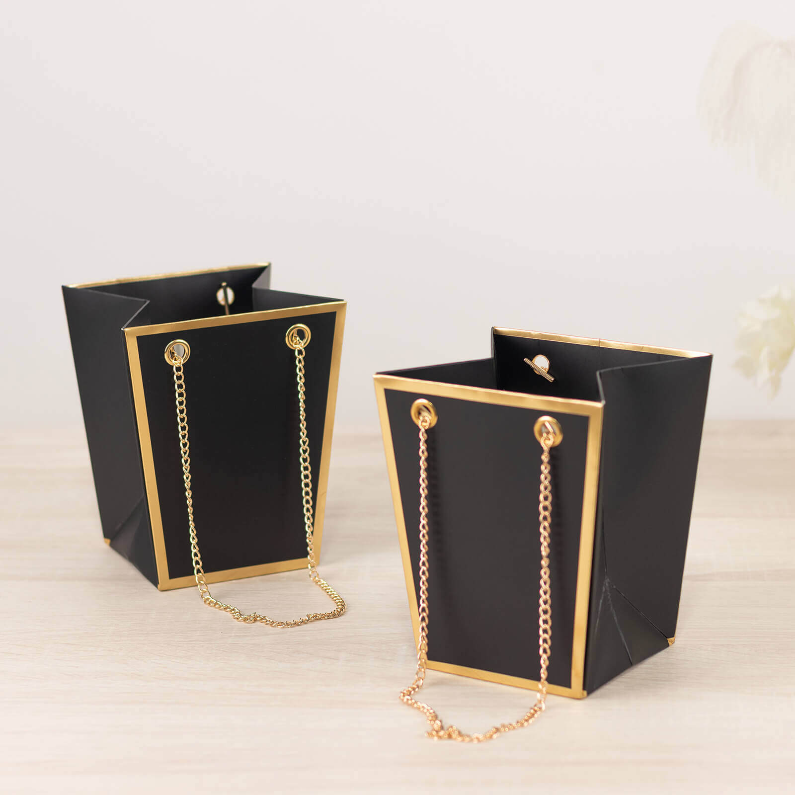 6 Pack Black Gold Edge Paper Flower Gift Bags With Metal Chain Handles, Trapezoid Party Favor Tote Bags - 5"x6"