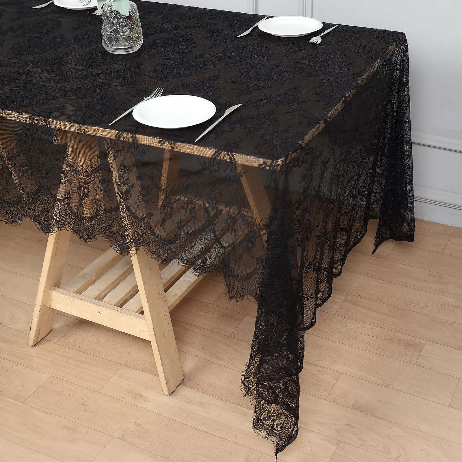 Lace 60"x120" Rectangle Tablecloth Black - Vintage Lace Design with Scalloped Frill Edges