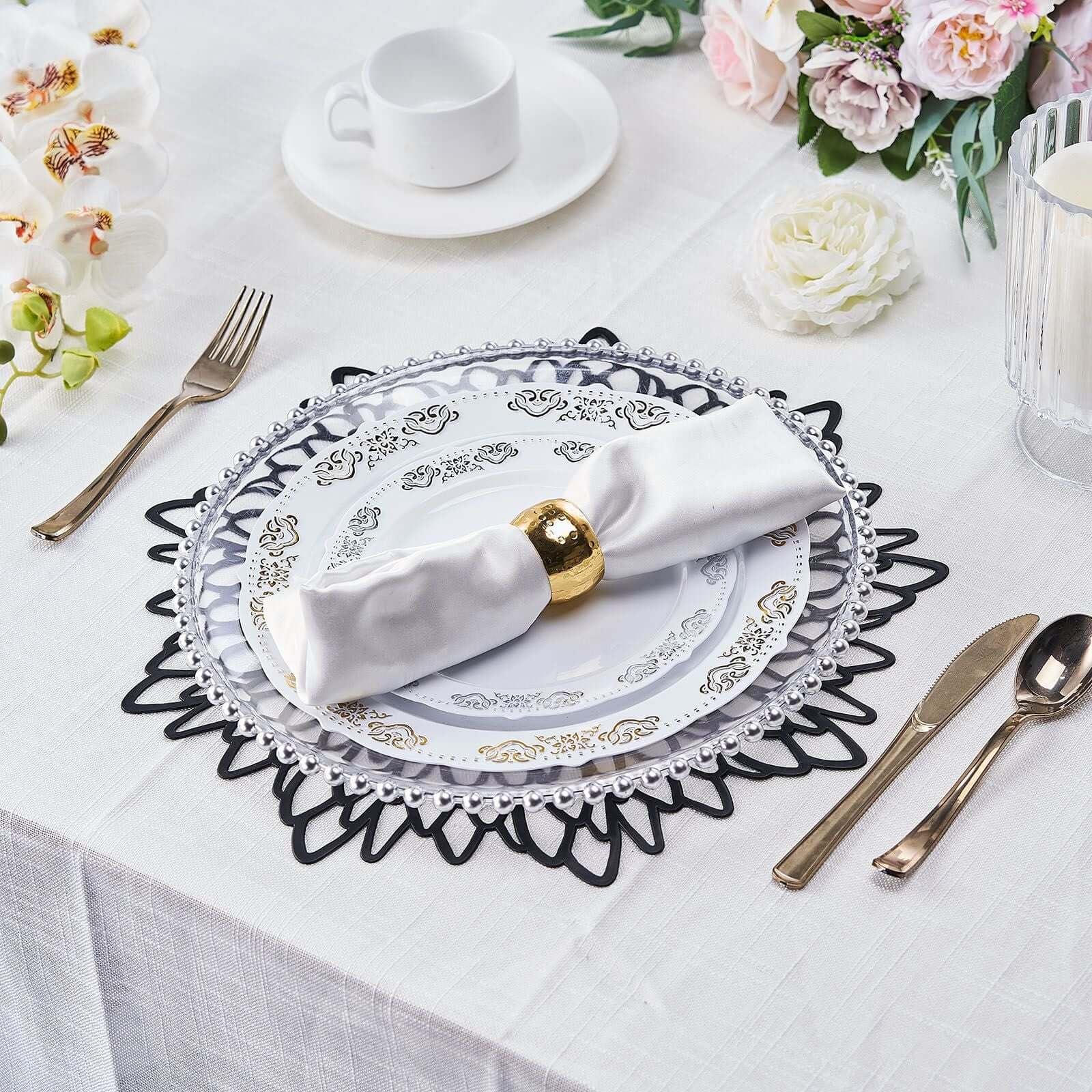6-Pack Dining Table Mats Floral Design Black - Metallic Vinyl Round Non-Slip Mats for Tables 15"