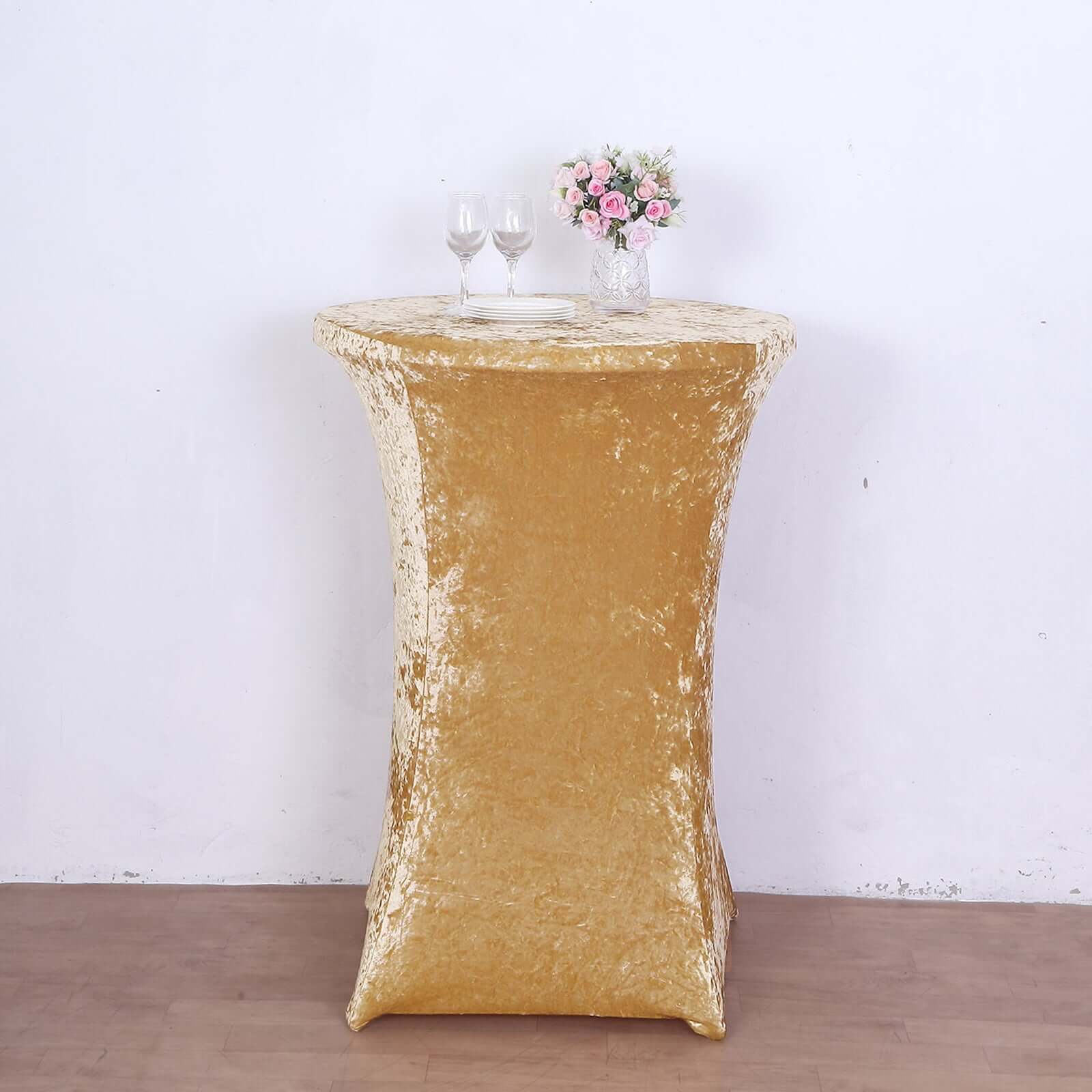 Crushed Velvet Spandex 32" Round Cocktail Table Cover Champagne Smooth Highboy Tablecloth