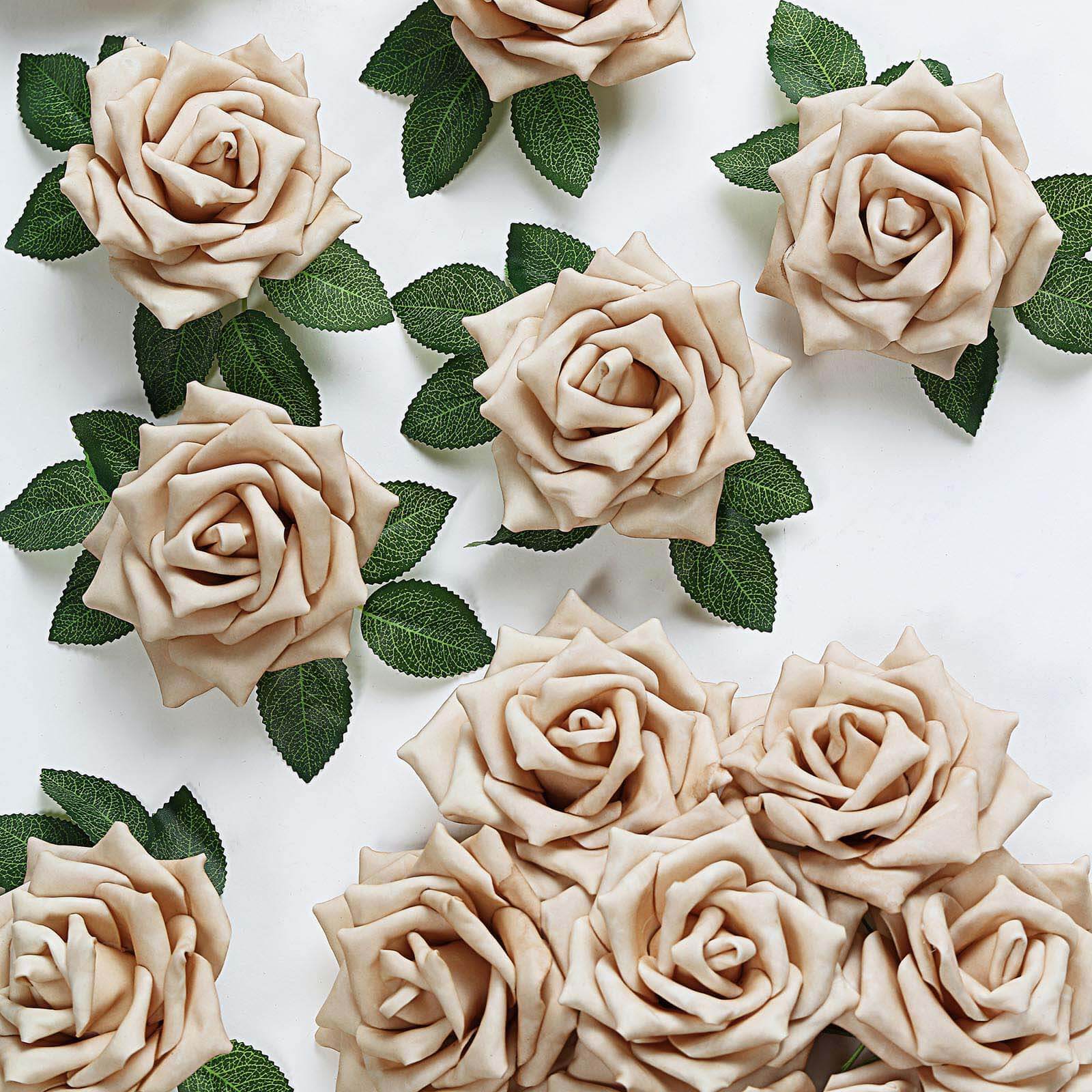 24 Roses 5" Champagne Artificial Foam Flowers With Stem Wire and Leaves