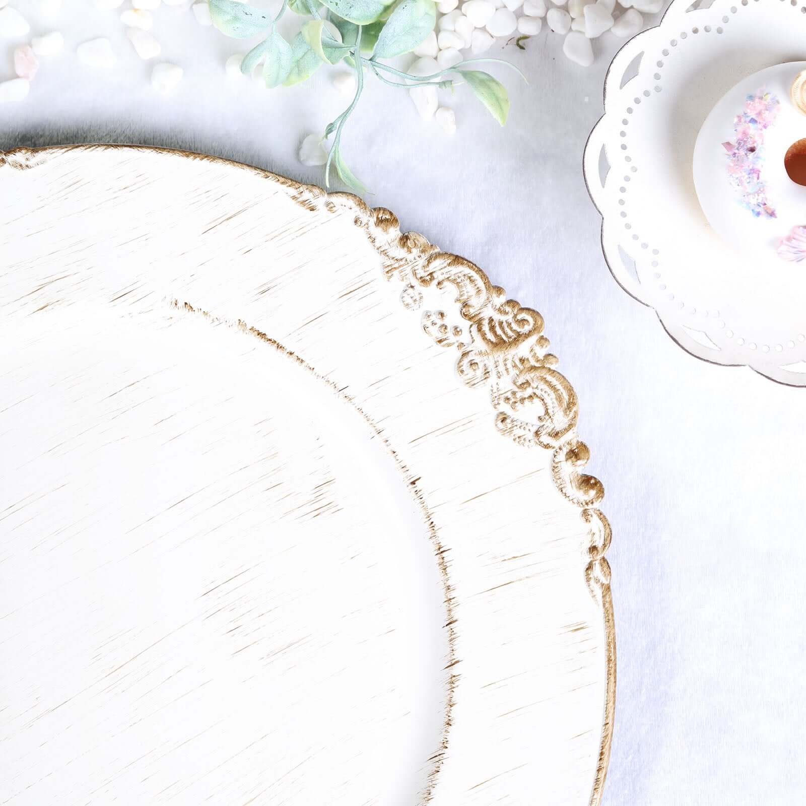 6-Pack Acrylic Round Charger Plates 13" in White Washed with Gold Embossed Baroque Rim, Antique Decorative Dinner Party Charger Tableware