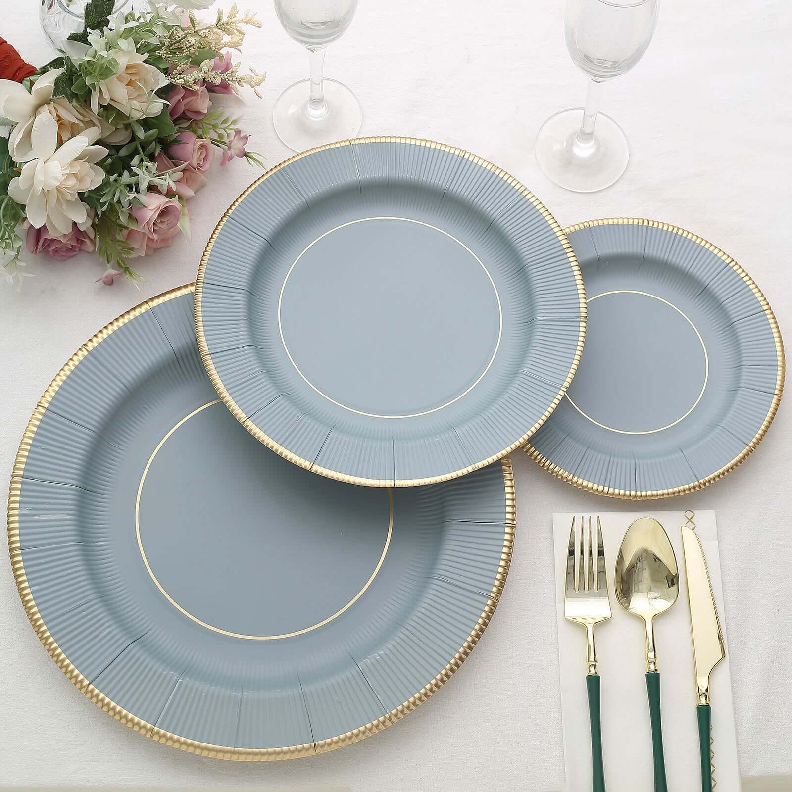 25-Pack Paper 10" Round Dinner Plates in Dusty Blue Sunray Design with Gold Rim - Disposable Heavy Duty 350GSM Party Plates
