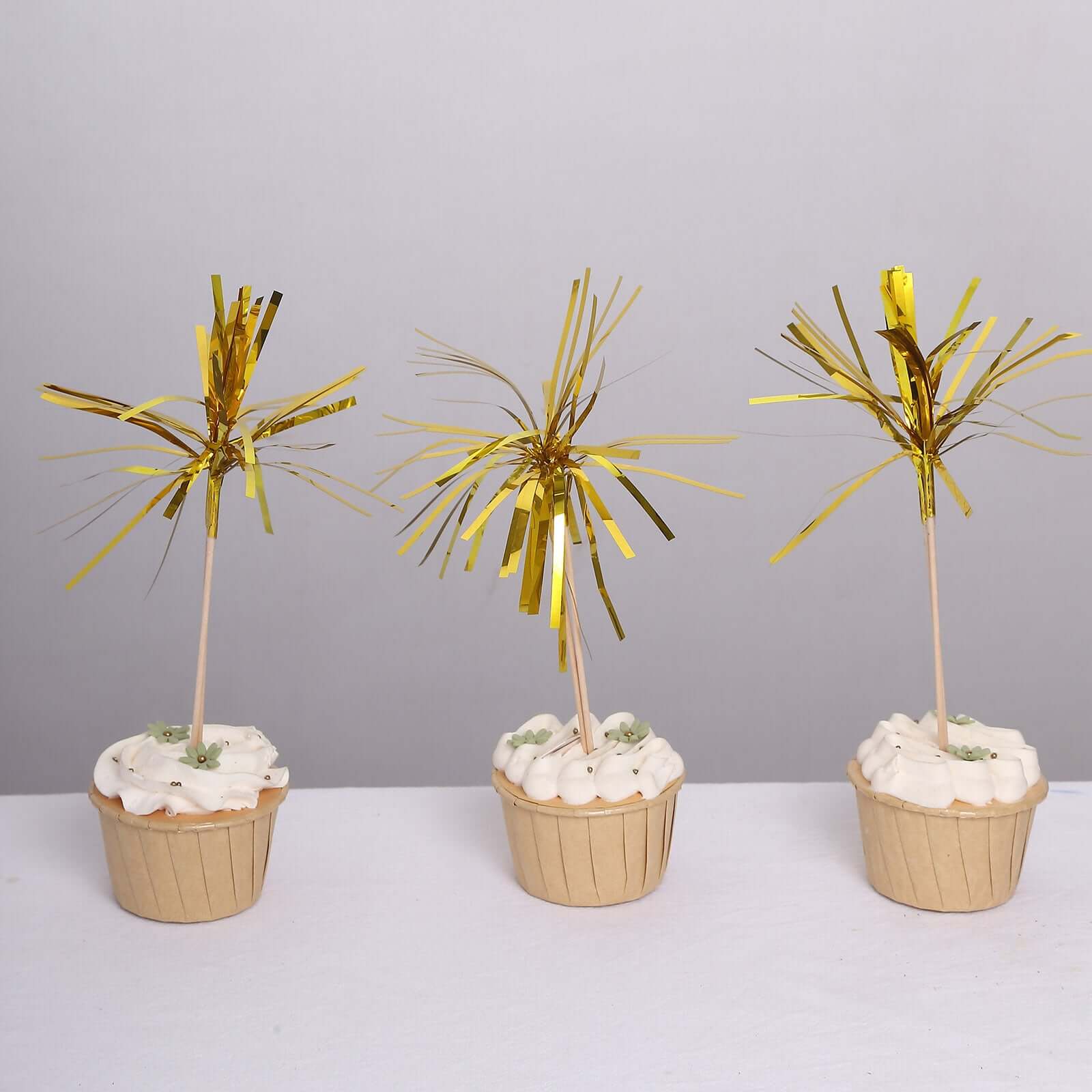 100-Pack Bamboo Cocktail Sticks Firework Cupcake Toppers Gold - Festive Foil Frills Food Picks 9"