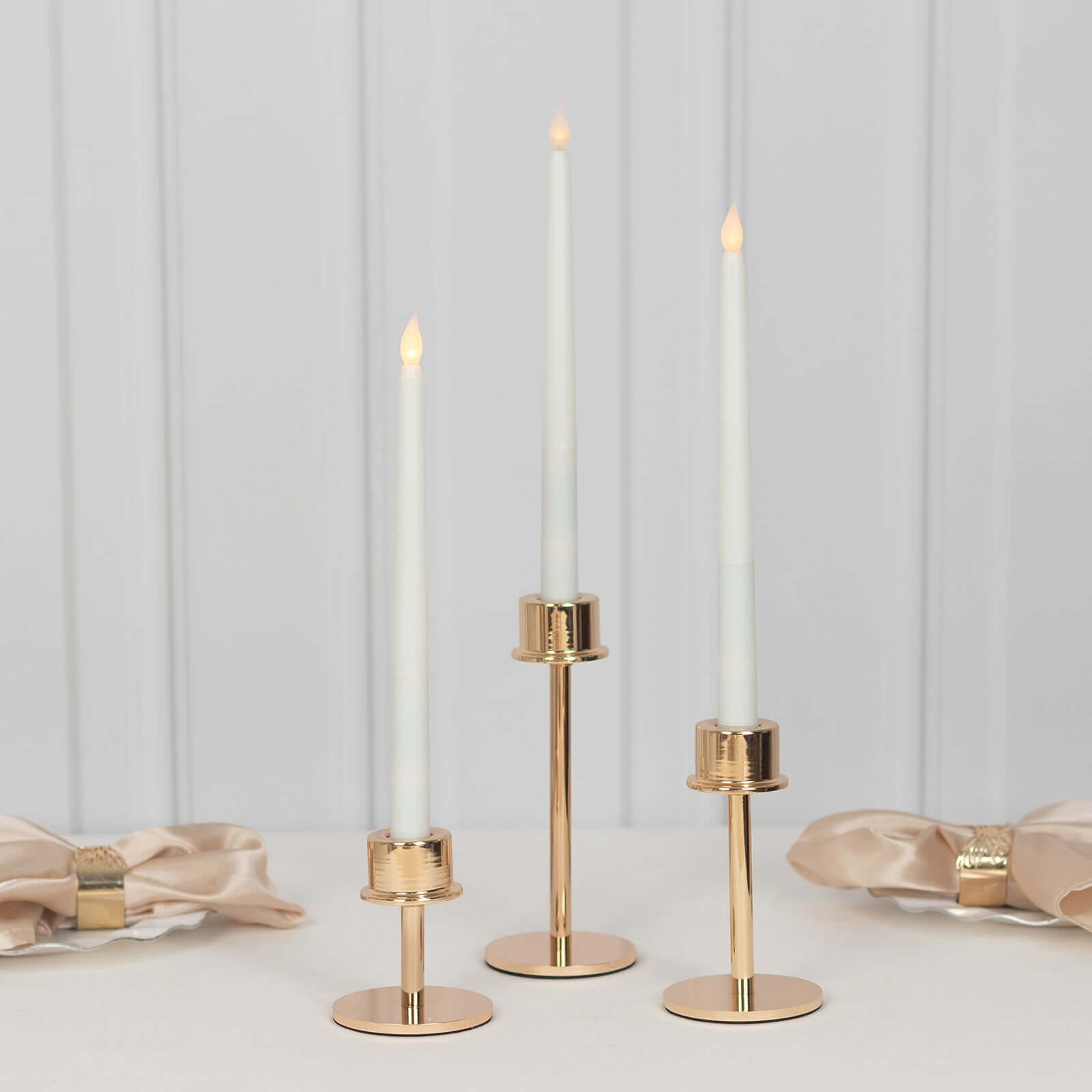 Set of 3 Metal Taper Candlestick Holders Gold with Round Base - Hurricane Candle Stands 3.5", 5.5", 8"