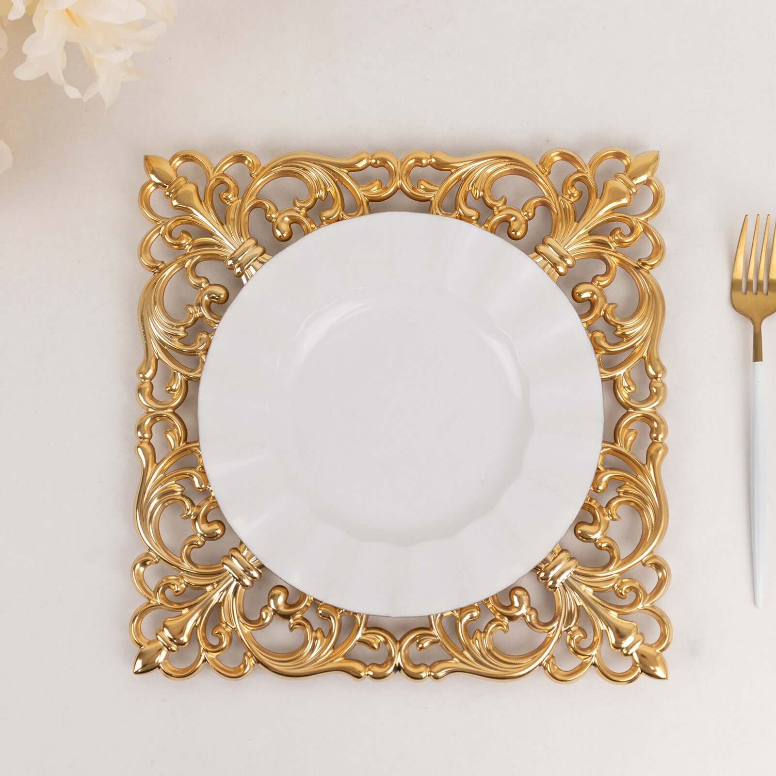6-Pack Acrylic Square Charger Plates 12" in Gold with Hollow Lace Border, Event Tabletop Decorative Charger Tableware