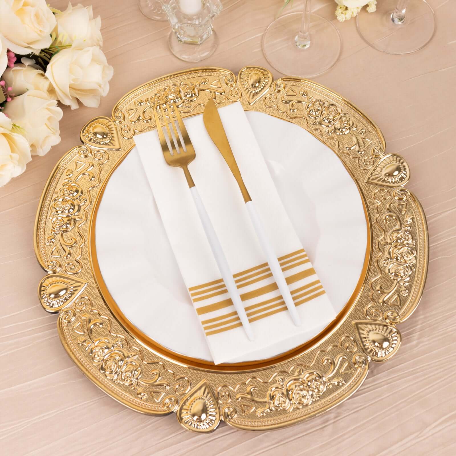 6-Pack Acrylic Round Charger Plates 13" in Gold Floral Embossed with Scalloped Rim, Plastic Decorative Charger Tableware