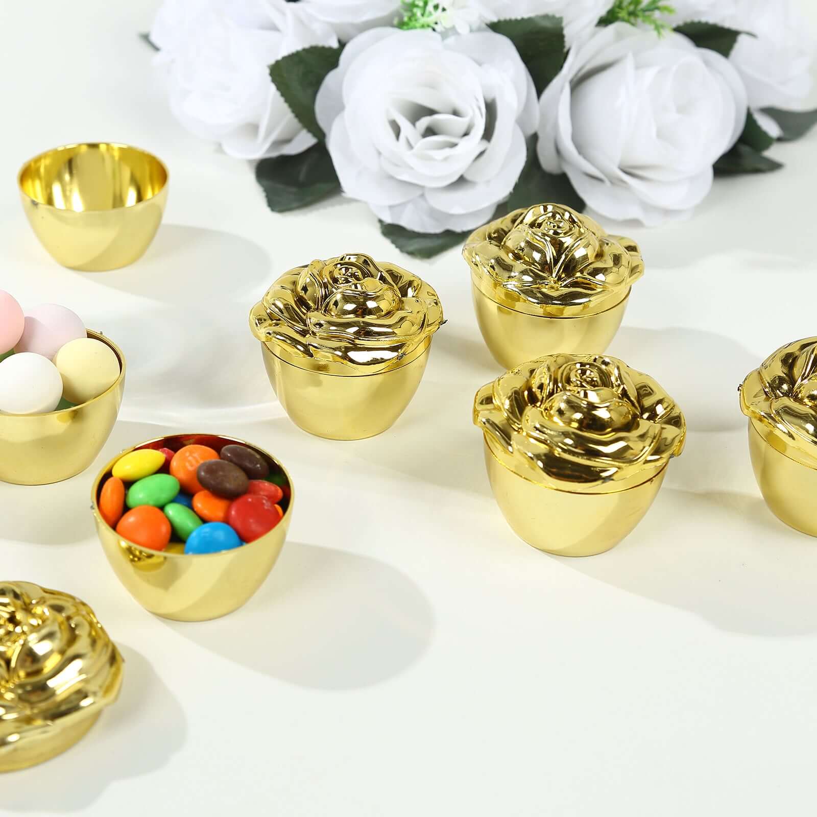 20-Pack Plastic Fillable Mini Candy Container in Vintage Rose Style Gold with Lids - Stylish Candy Treat Favor Boxes 2"