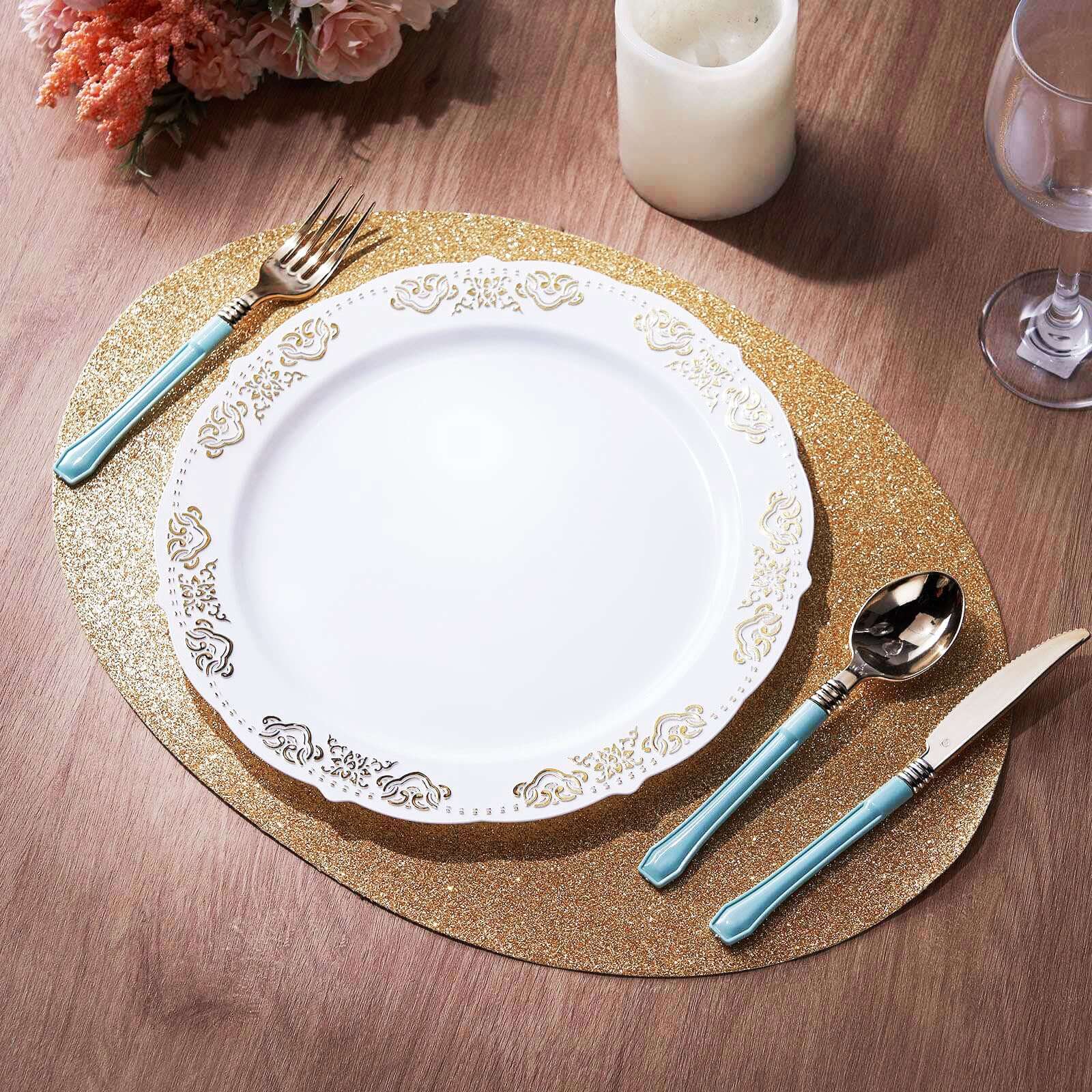 6 Pack Champagne Sparkle Vinyl Placemats, Non Slip Decorative Oval Glitter Table Mat