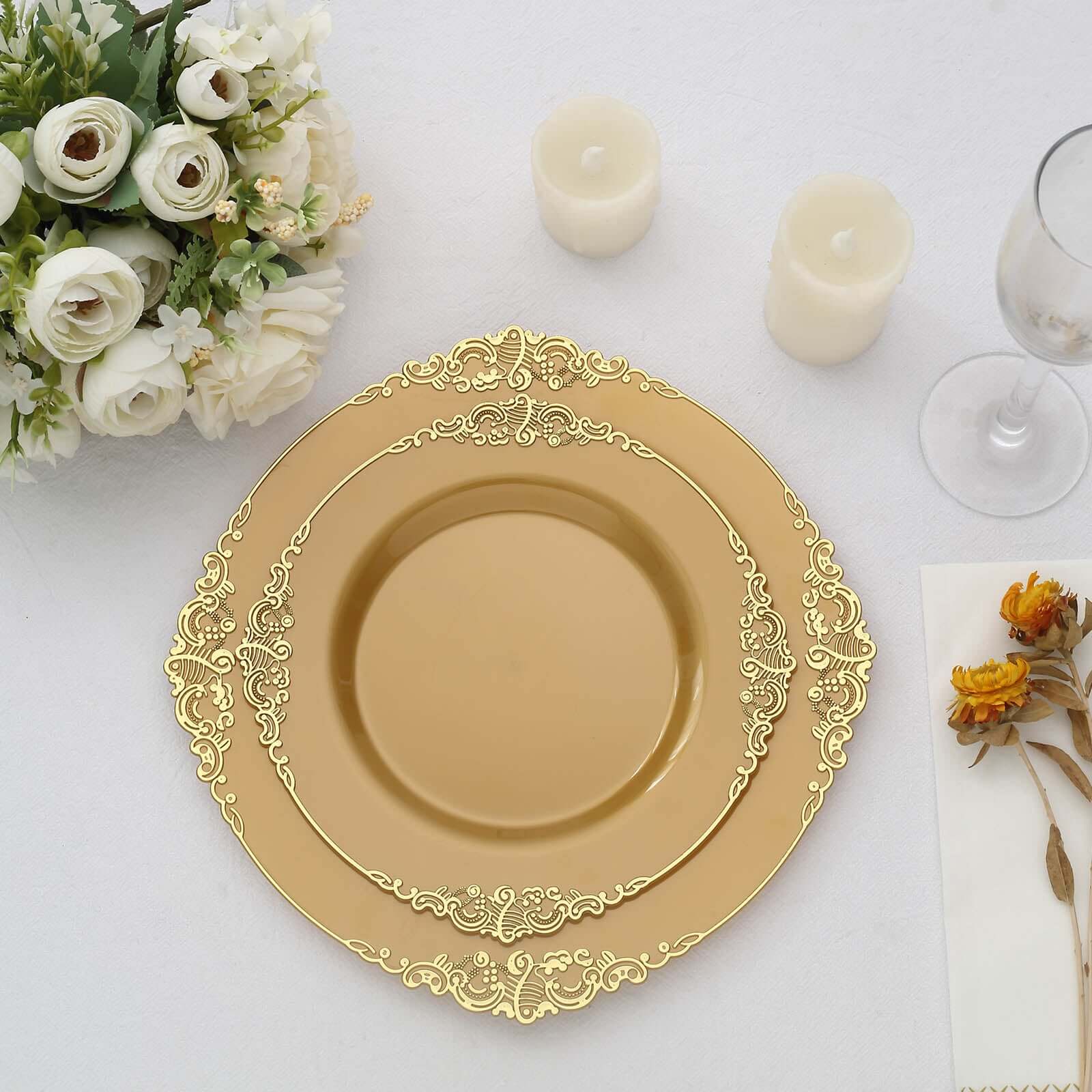 10-Pack Plastic 8" Round Dessert Plates in Gold with Leaf Embossed Rim - Disposable Vintage Baroque Style Salad Plates for Luxurious Gatherings & Events