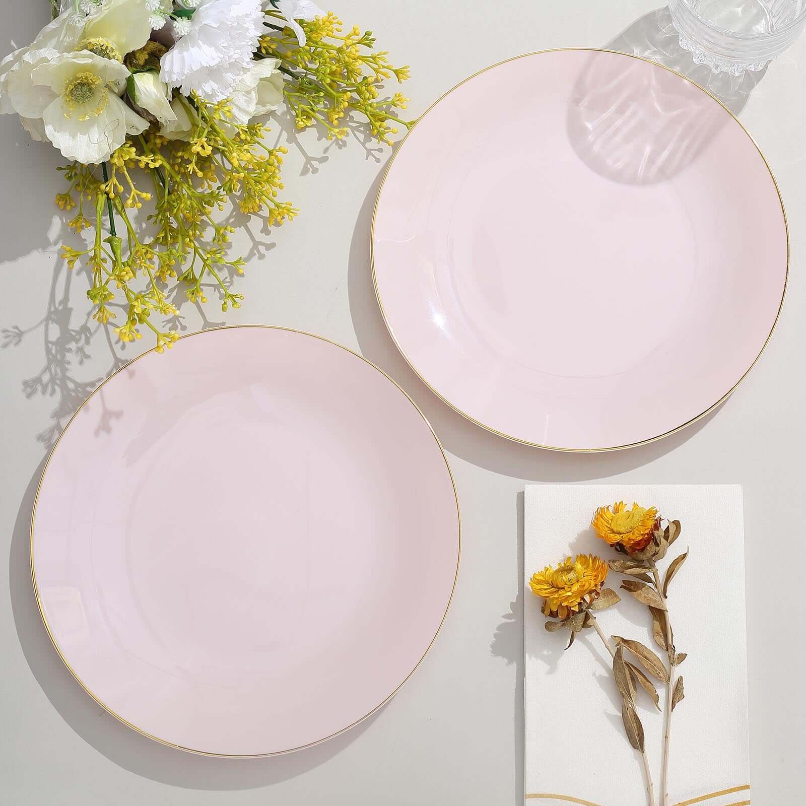 10-Pack Plastic 8" Round Dessert Plates in Blush with Gold Rim - Glossy Disposable Appetizer Salad Plates